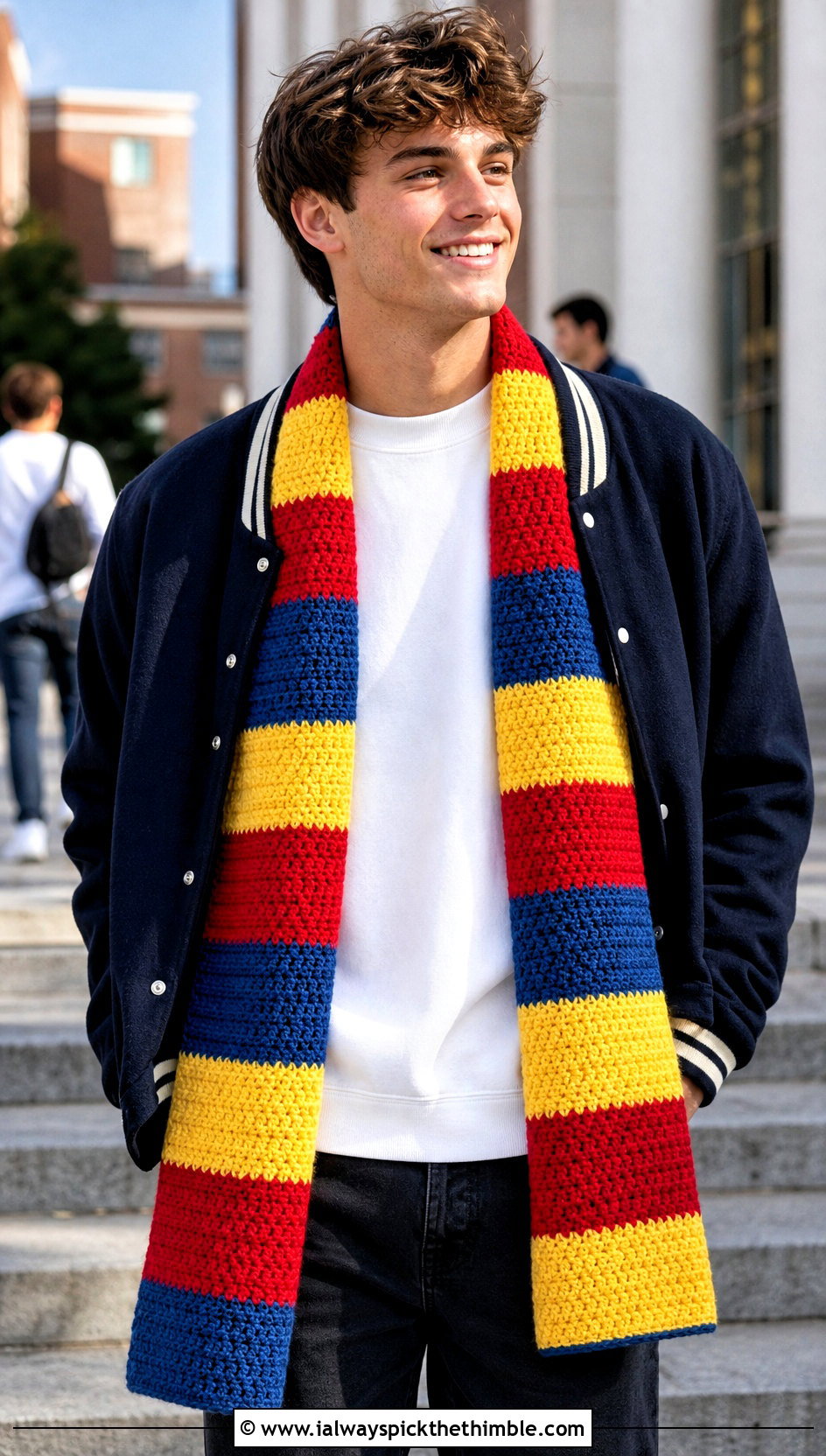 Striped Crochet Scarf With Varsity Jacket - 20 male crochet scarf outfit ideas
