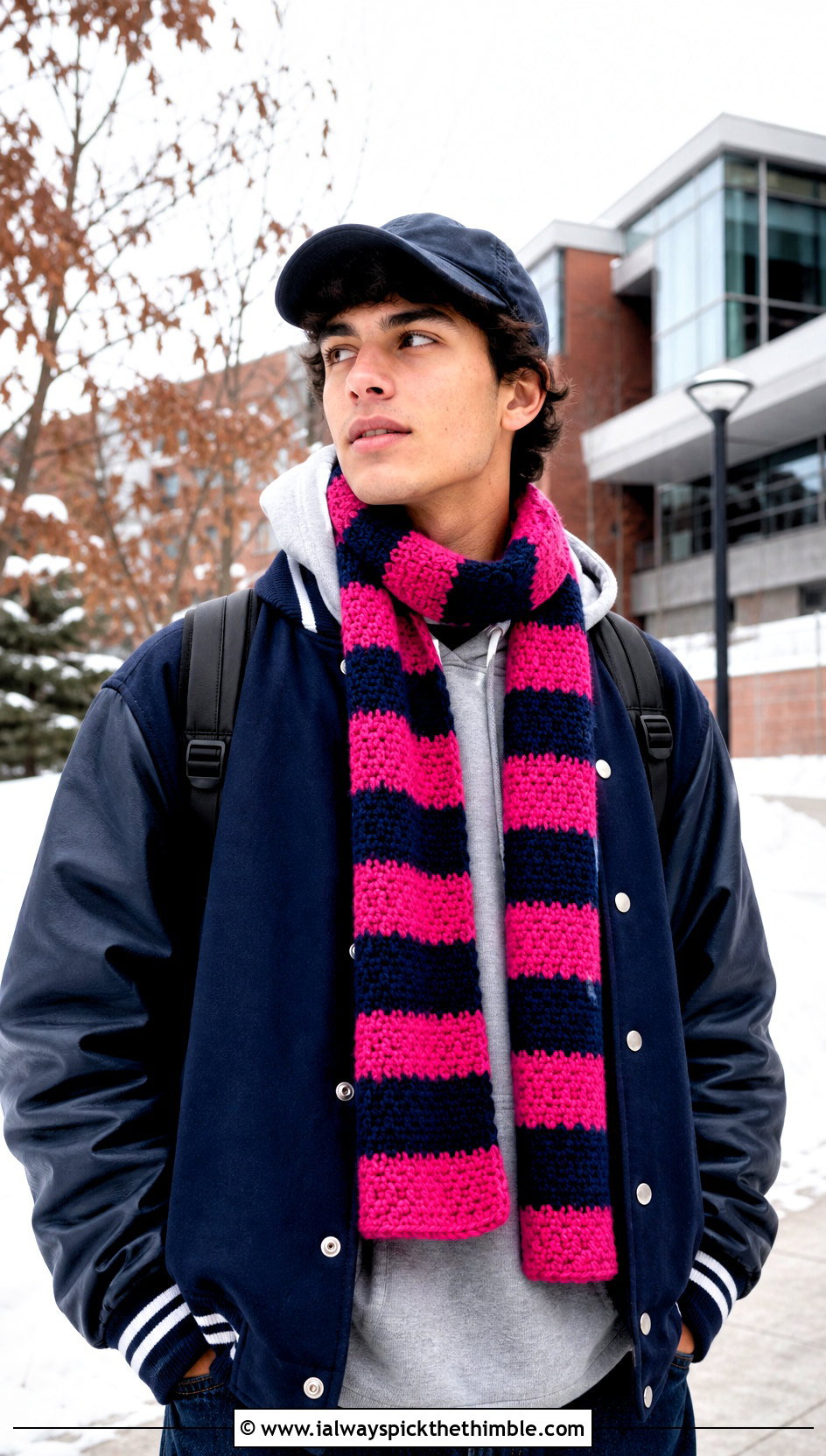 Striped Crochet Scarf With Varsity Jacket - 20 Mens Winter Crochet Scarf outfit ideas