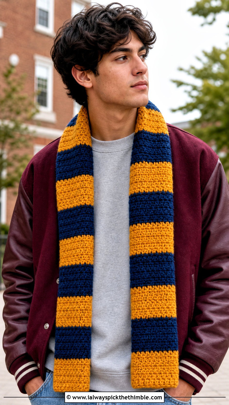 Striped Crochet Scarf With Varsity Jacket - 25 crochet scarf for men outfit ideas