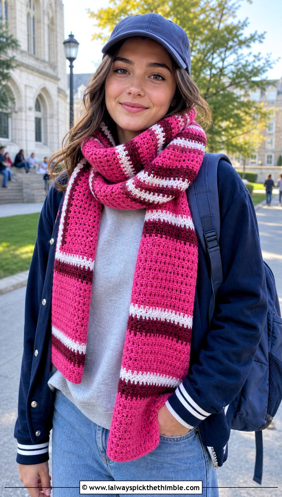 Striped Crochet Scarf With Varsity Jacket - 25 crochet scarves outfit ideas