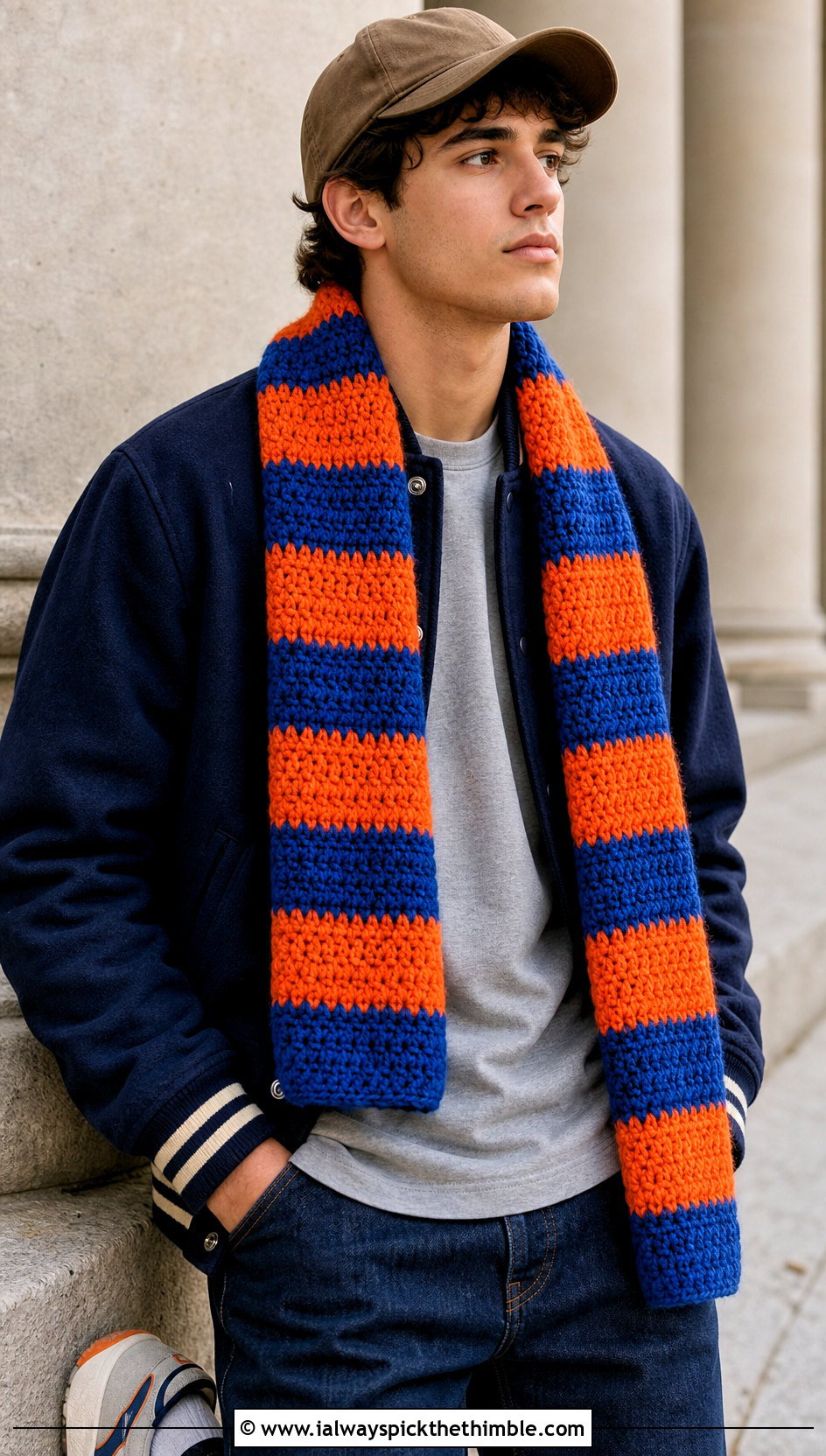 Striped Crochet Scarf With Varsity Jacket - 25 men's crochet scarf outfit ideas