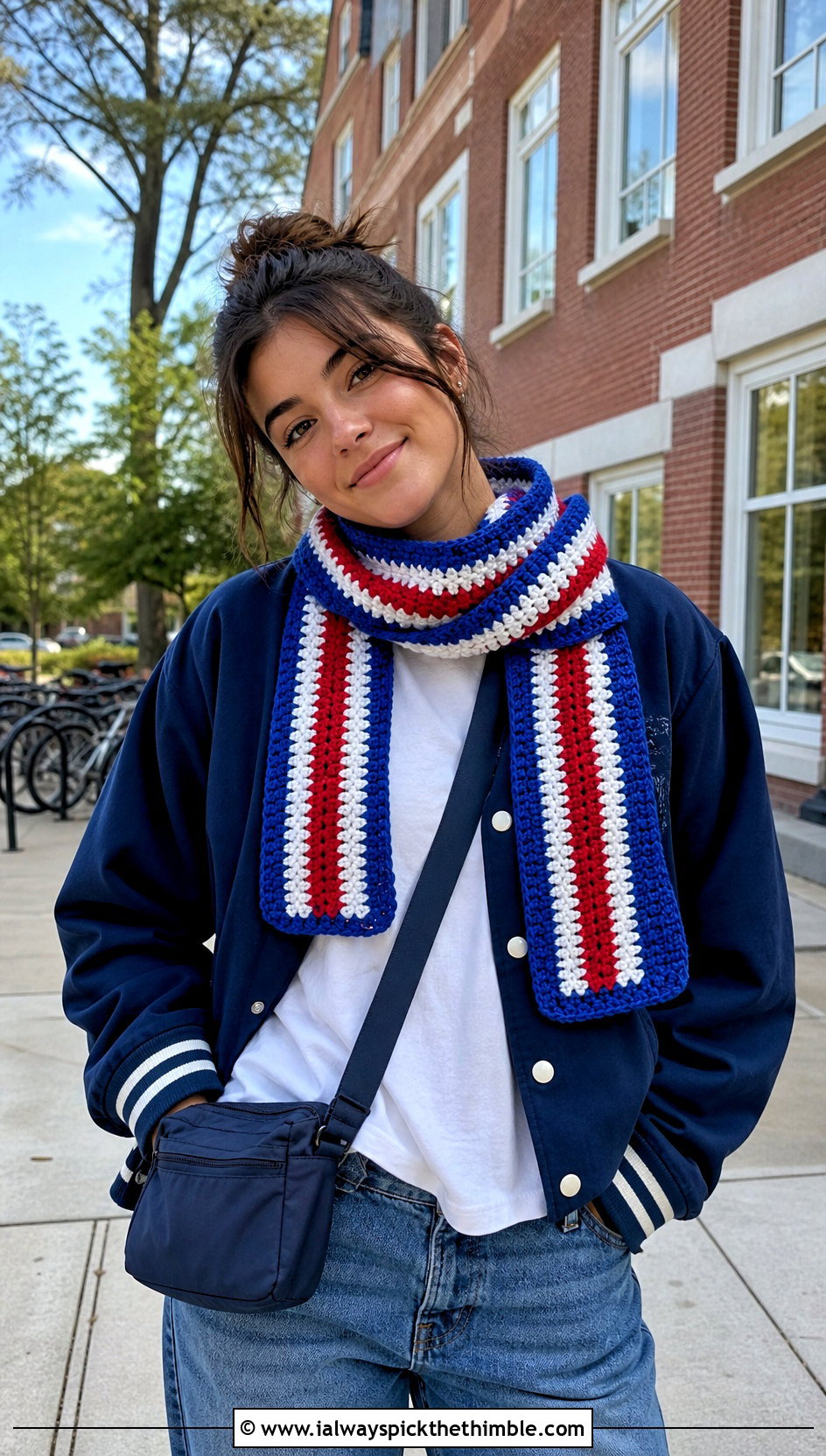 Striped Crochet Scarf With Varsity Jacket - 25 quick crochet scarf outfit ideas