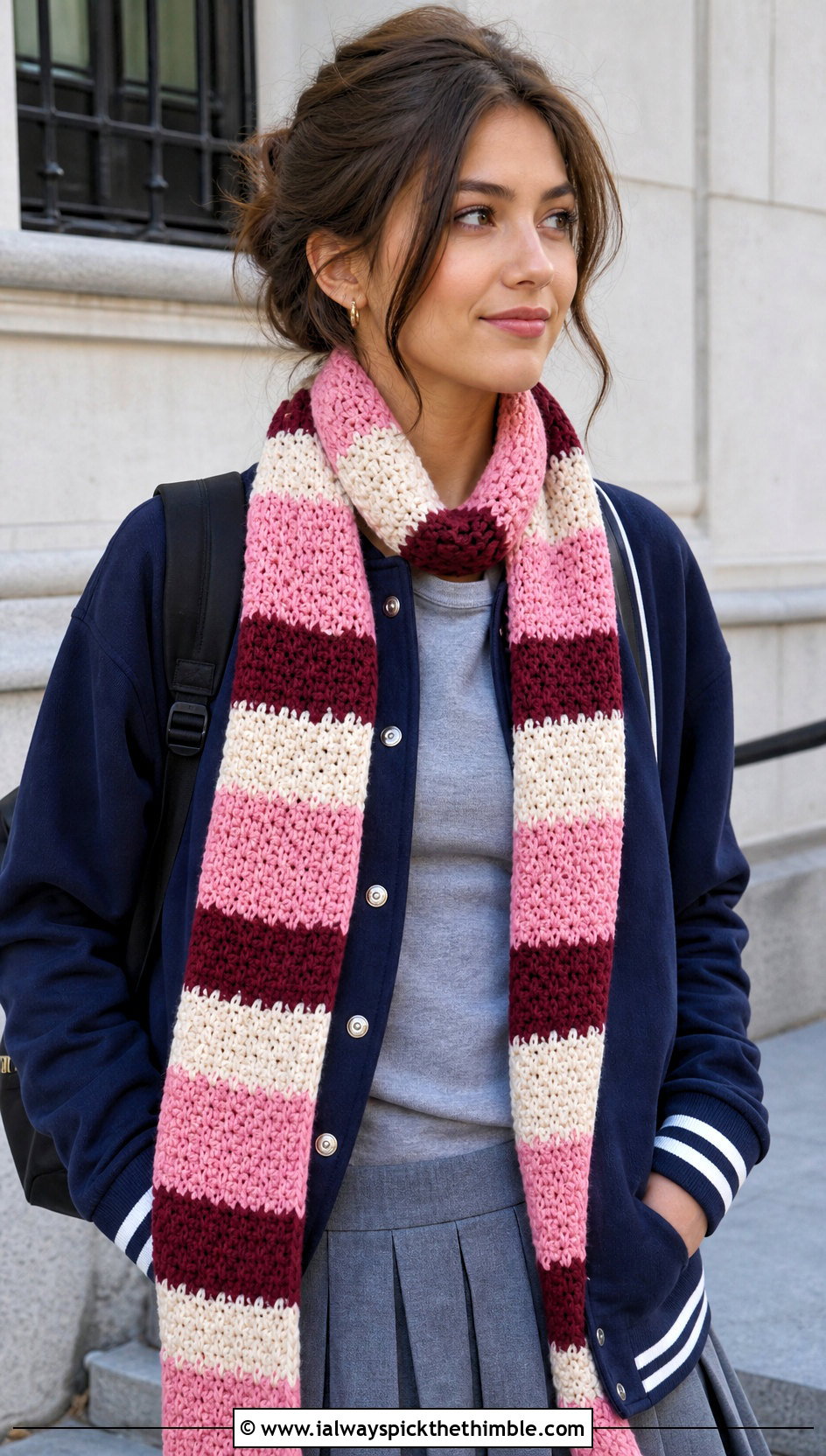 Striped Crochet Scarf With Varsity Jacket - 20 Crochet Scarf Worsted Weight Yarn outfit ideas