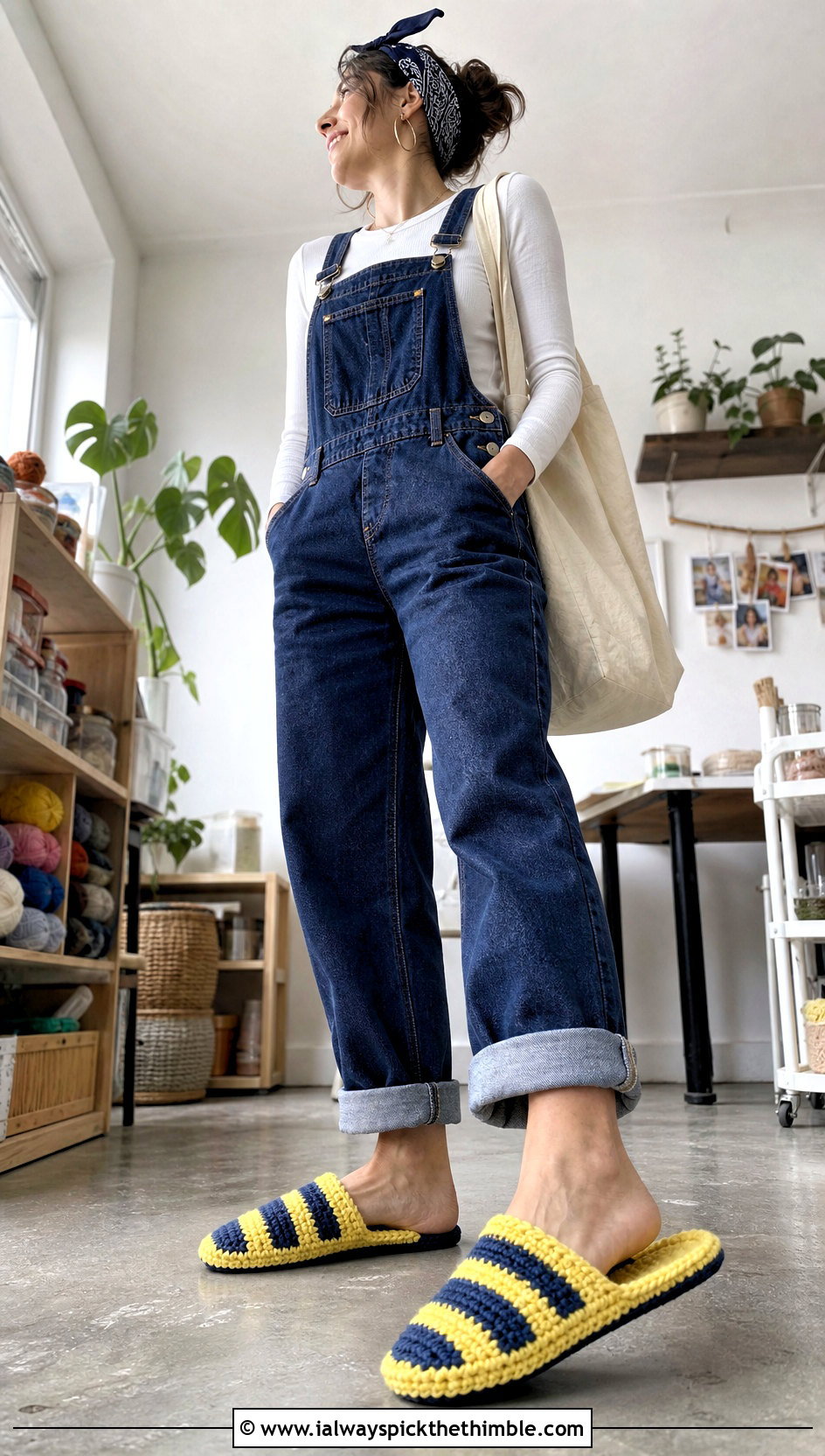 Striped Crochet Scuff Slippers With Denim Overalls - 25 crochet slipper outfit ideas