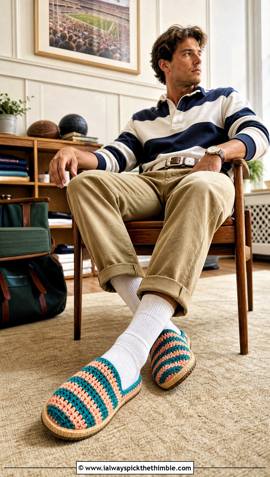 Striped Crochet Scuff Slippers With Rugby Shirt - 25 mens crochet slippers outfit ideas