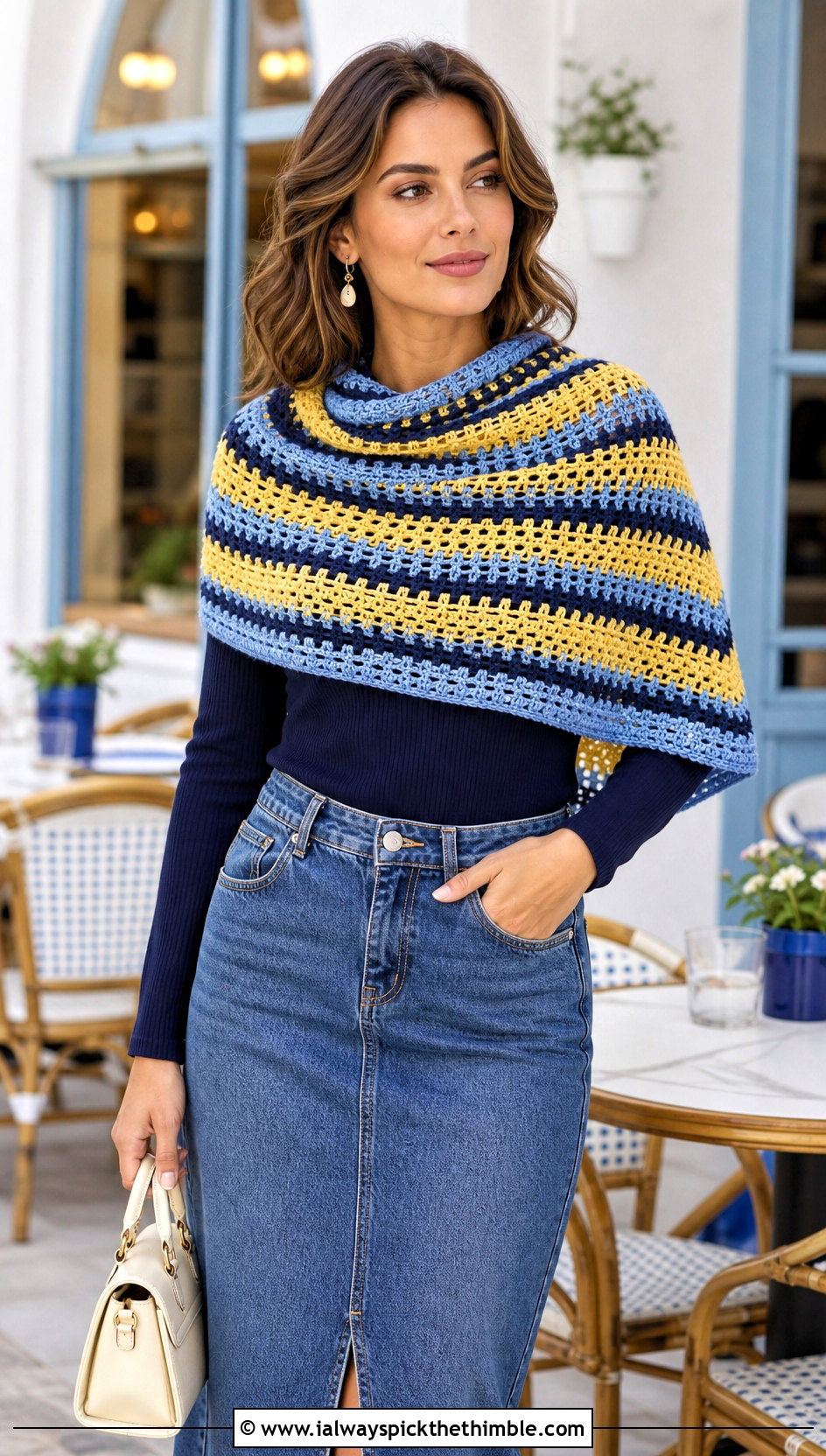 Striped Crochet Semi Circle Shawl With Denim Midi Skirt - 20 Crochet Semi Circle Shawl outfit ideas