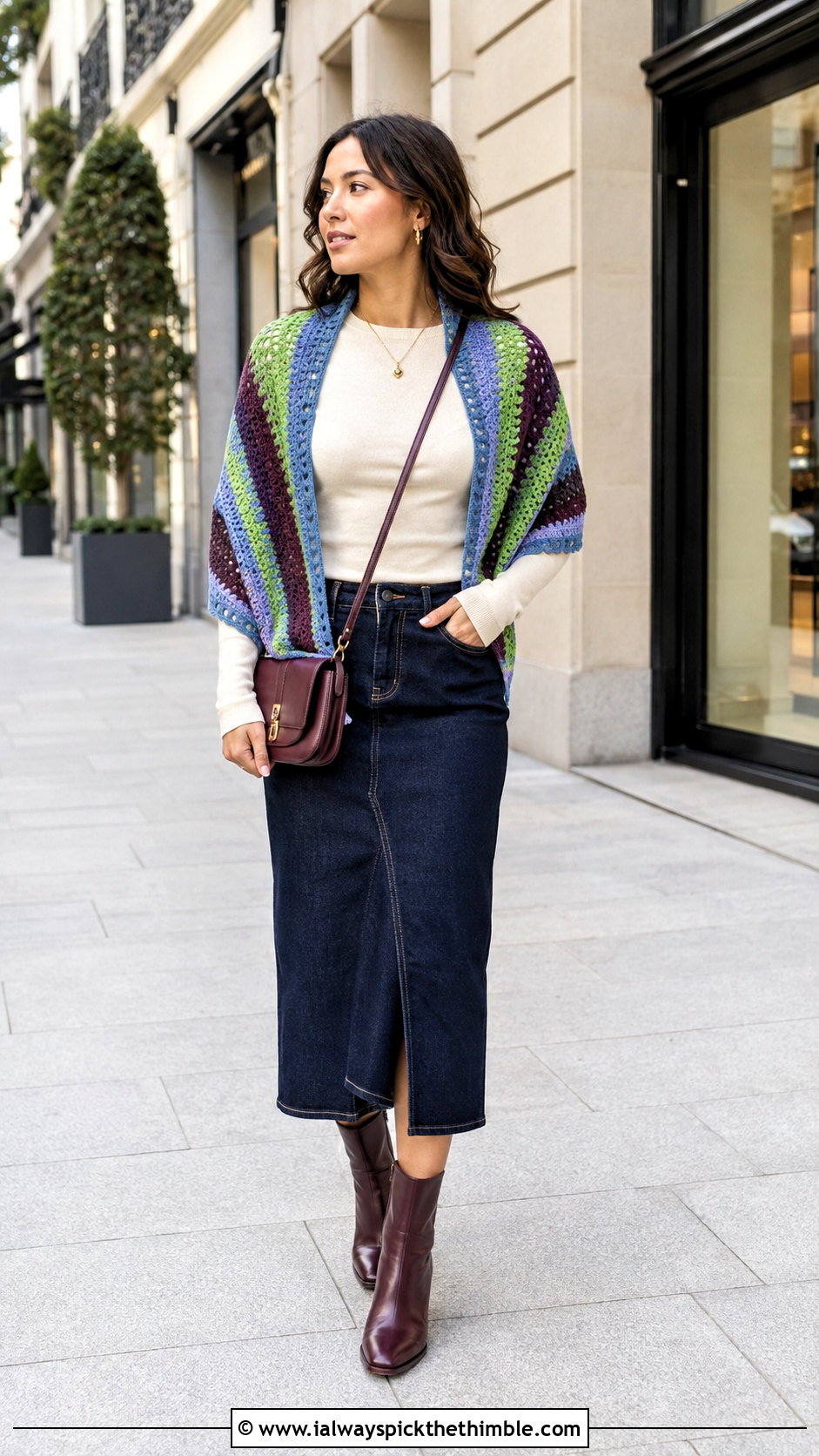 Striped Crochet Shawl With Denim Midi Skirt - 25 crochet shawls and wraps outfit ideas