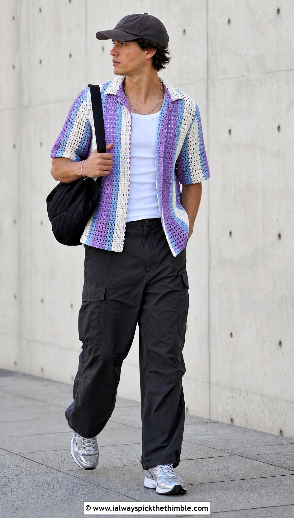 Striped Crochet Shirt With Cargo Pants - 25 crochet man shirt outfit ideas