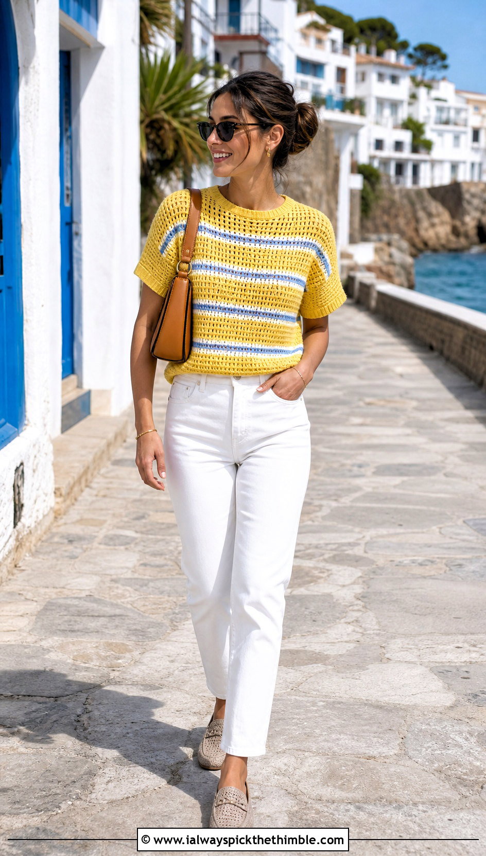 Striped Crochet Short Sleeve Sweater With White Jeans - 20 Crochet Short Sleeve Sweater outfit ideas
