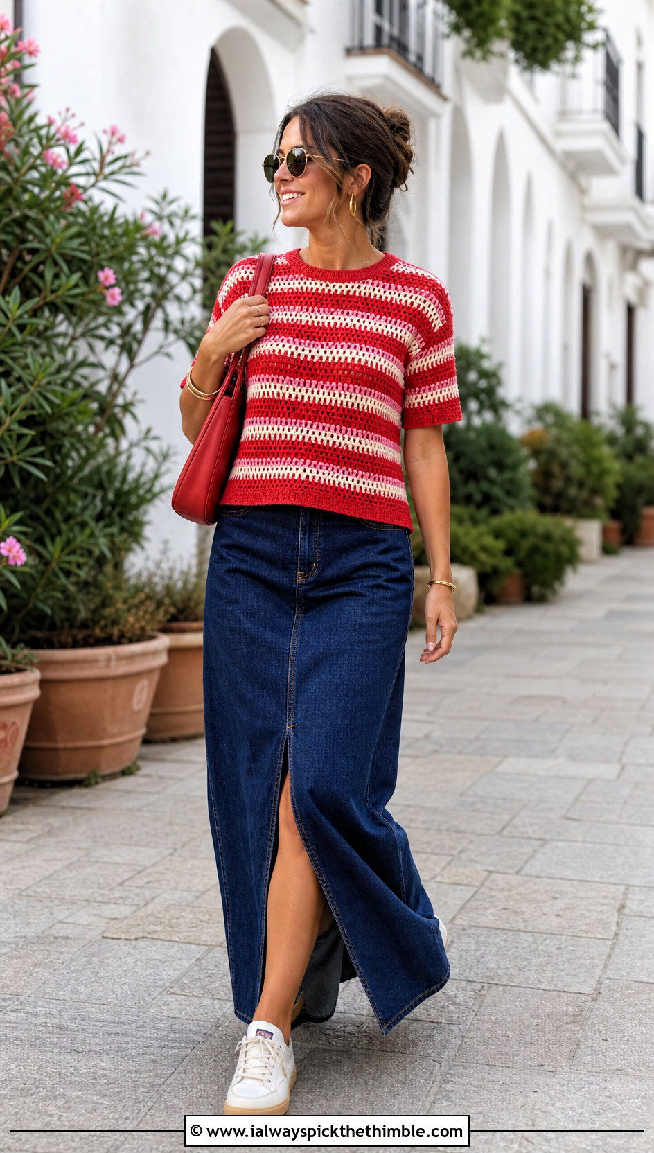 Striped Crochet Short Sleeve Tee With Denim Maxi Skirt - 20 crochet short sleeve top outfit ideas