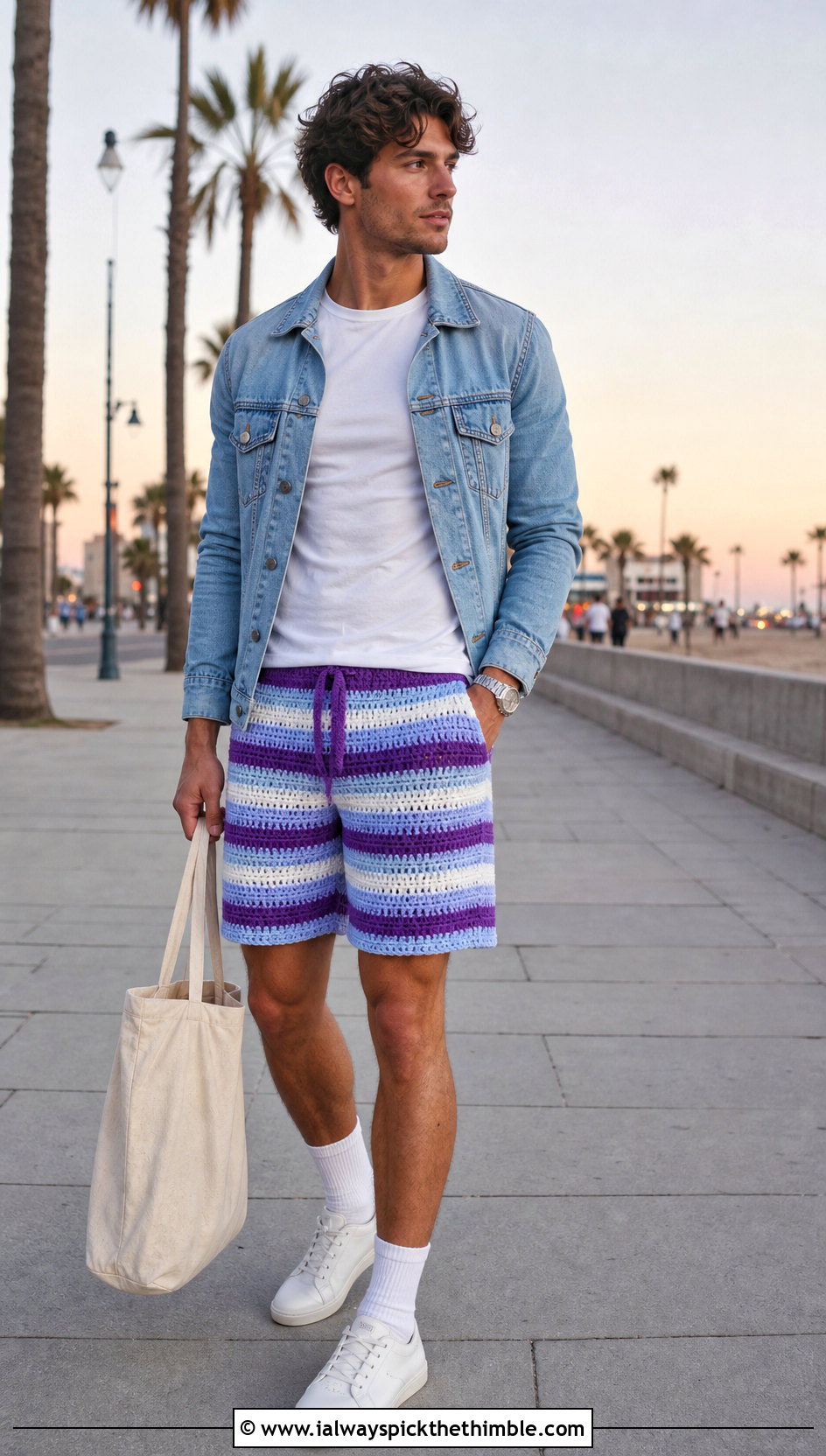 Striped Crochet Shorts With Denim Jacket - 15 Crochet Mens Shorts For Men outfit ideas