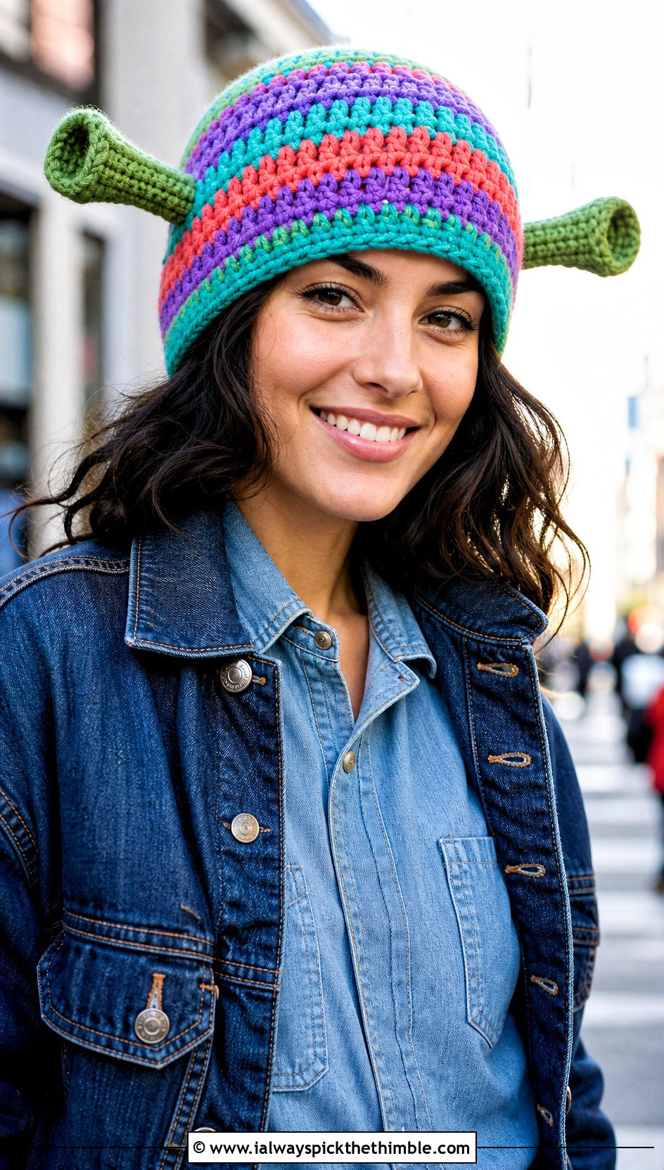 Striped Crochet Shrek Beanie With Denim On Denim - 25 crochet shrek hat outfit ideas