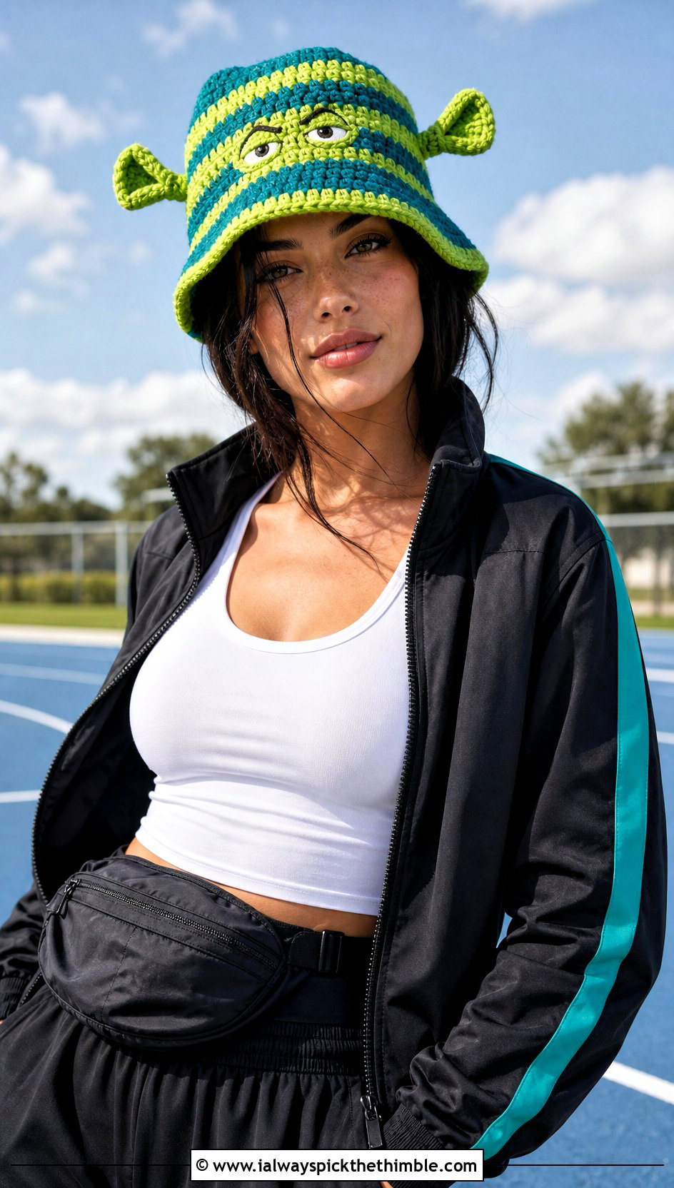 Striped Crochet Shrek Bucket Hat With Track Jacket - 15 Crochet Shrek Bucket Hat outfit ideas