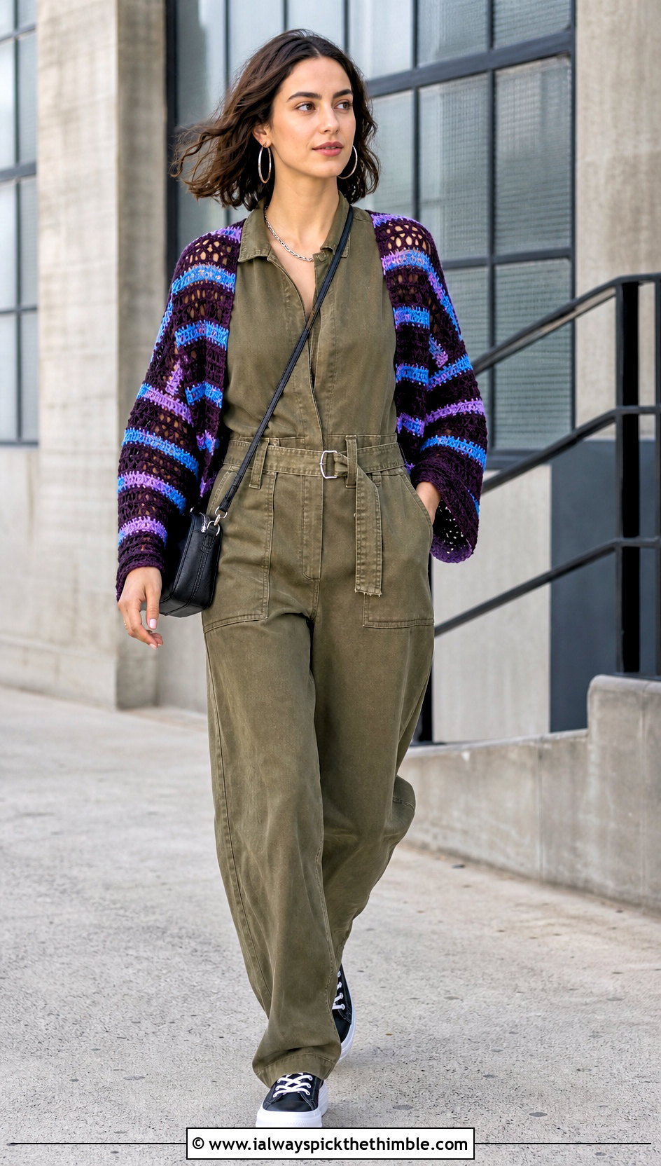 Striped Crochet Shrug With Utility Jumpsuit - 20 crochet sweater sleeves outfit ideas
