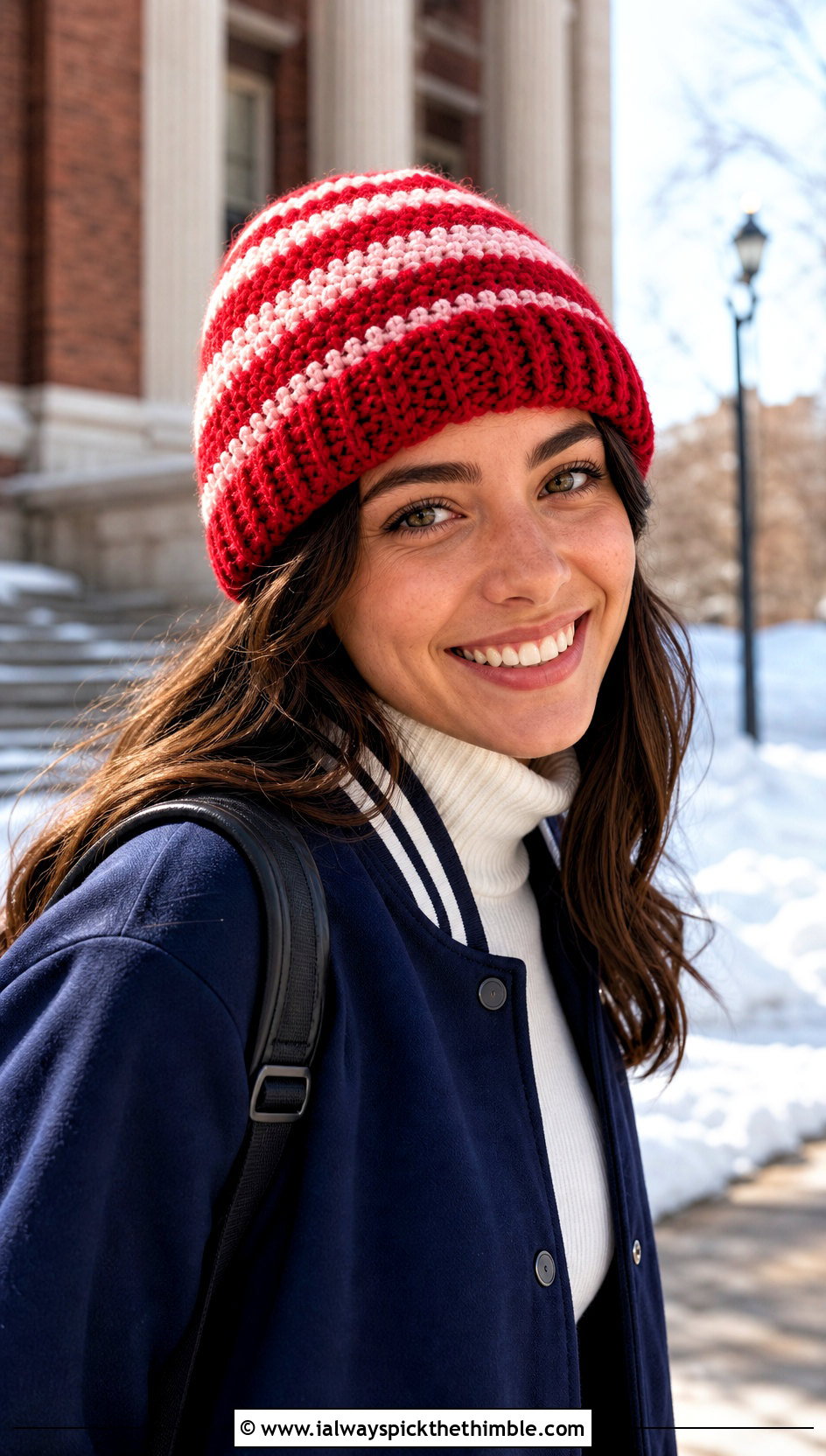 Striped Crochet Ski Hat With Varsity Jacket And Joggers - 20 crochet ski hat outfit ideas