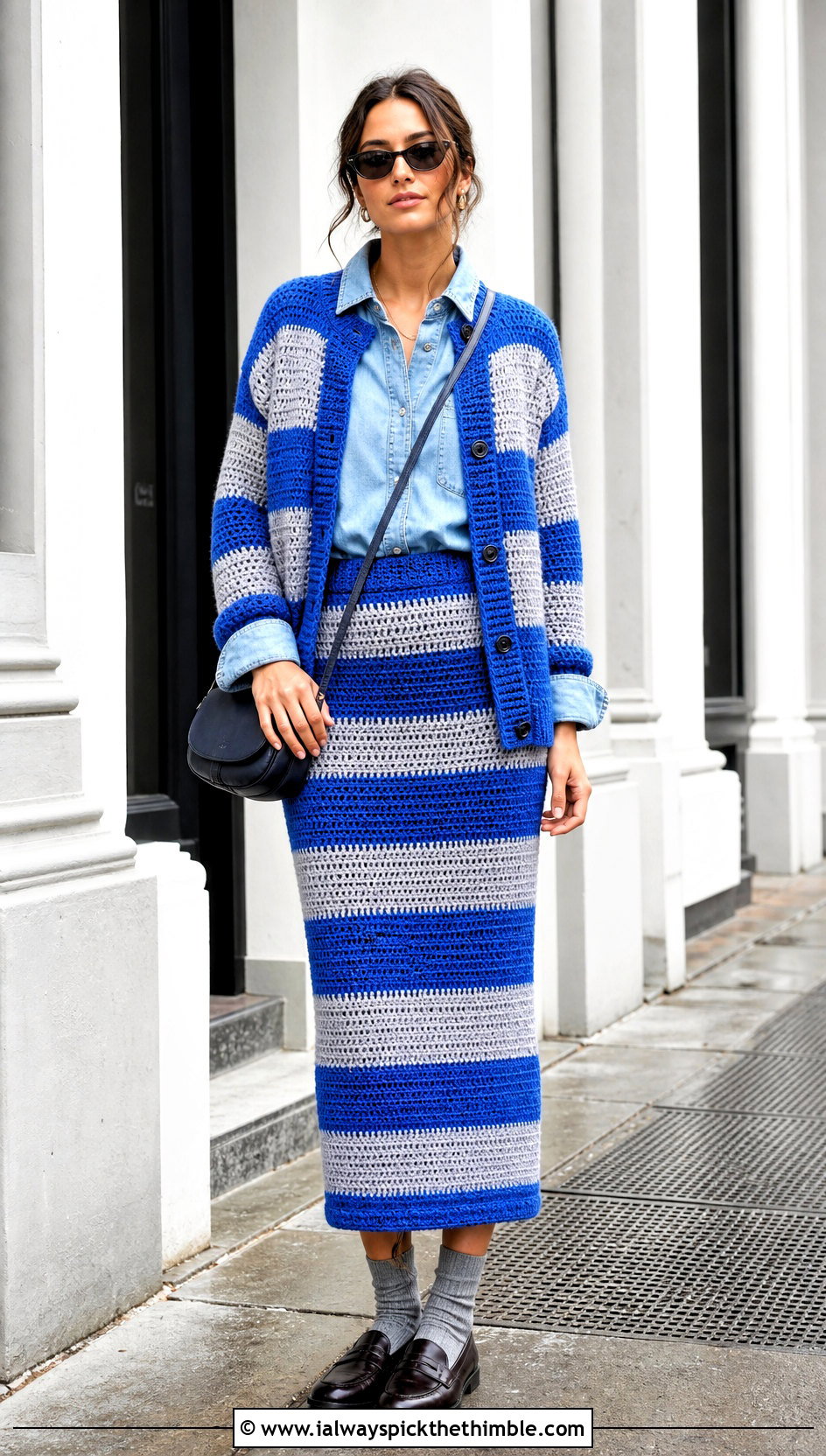 Striped Crochet Skirt And Cardigan Set With Denim Shirt - 20 Crochet Skirt And Cardigan Set outfit ideas