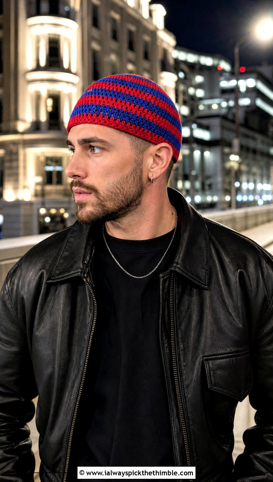 Striped Crochet Skull Cap With Leather Jacket And Black Jeans - 20 Mens Crochet Skull Cap outfit ideas