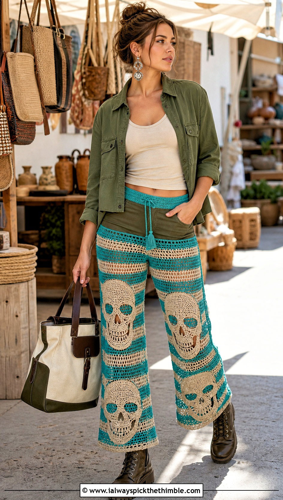 Striped Crochet Skull Pants With Utility Shirt - 20 Crochet Skull Pants outfit ideas