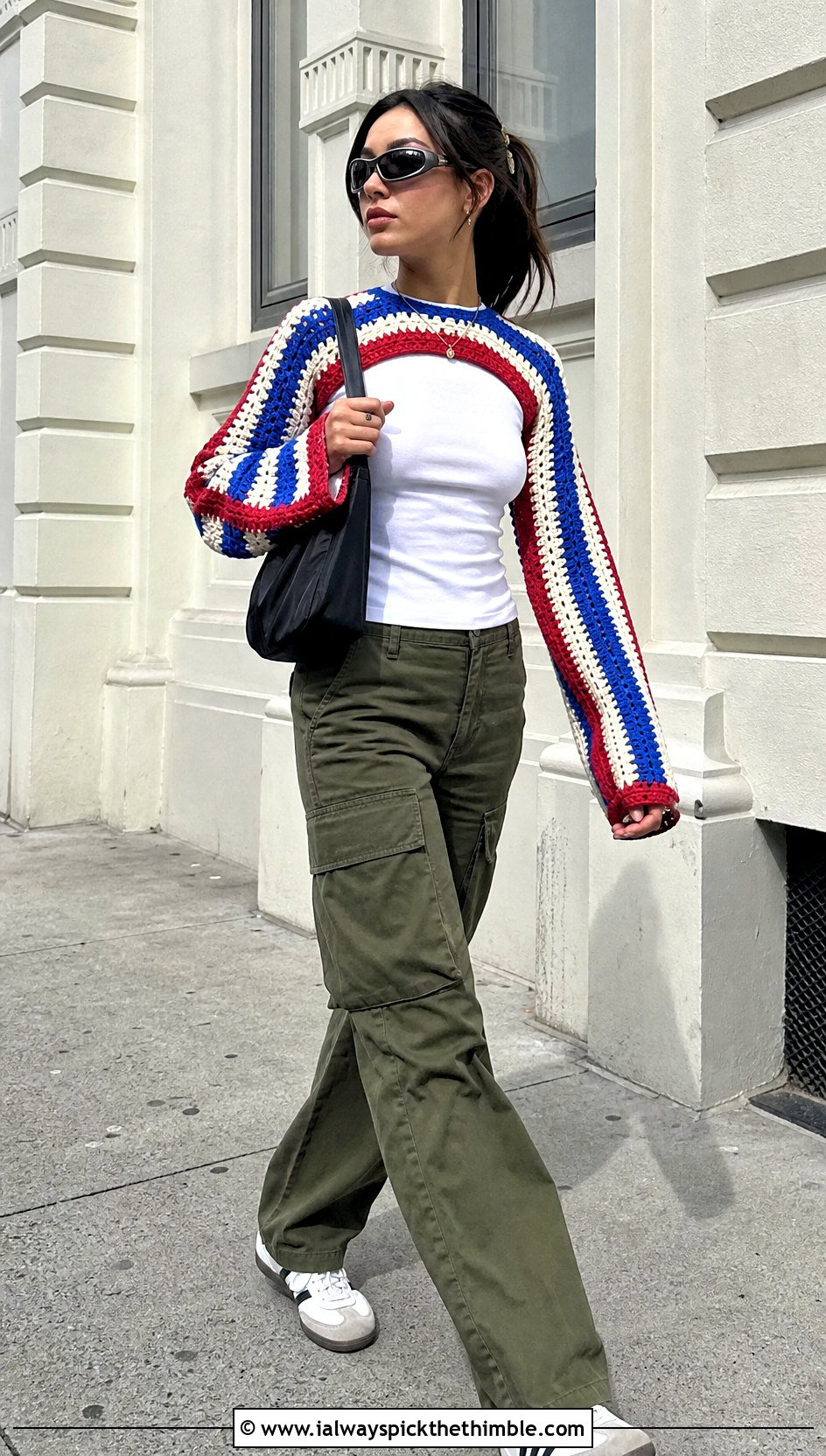 Striped Crochet Sleeve Sweater With Cargo Pants - 20 Mini Crochet Sweater outfit ideas