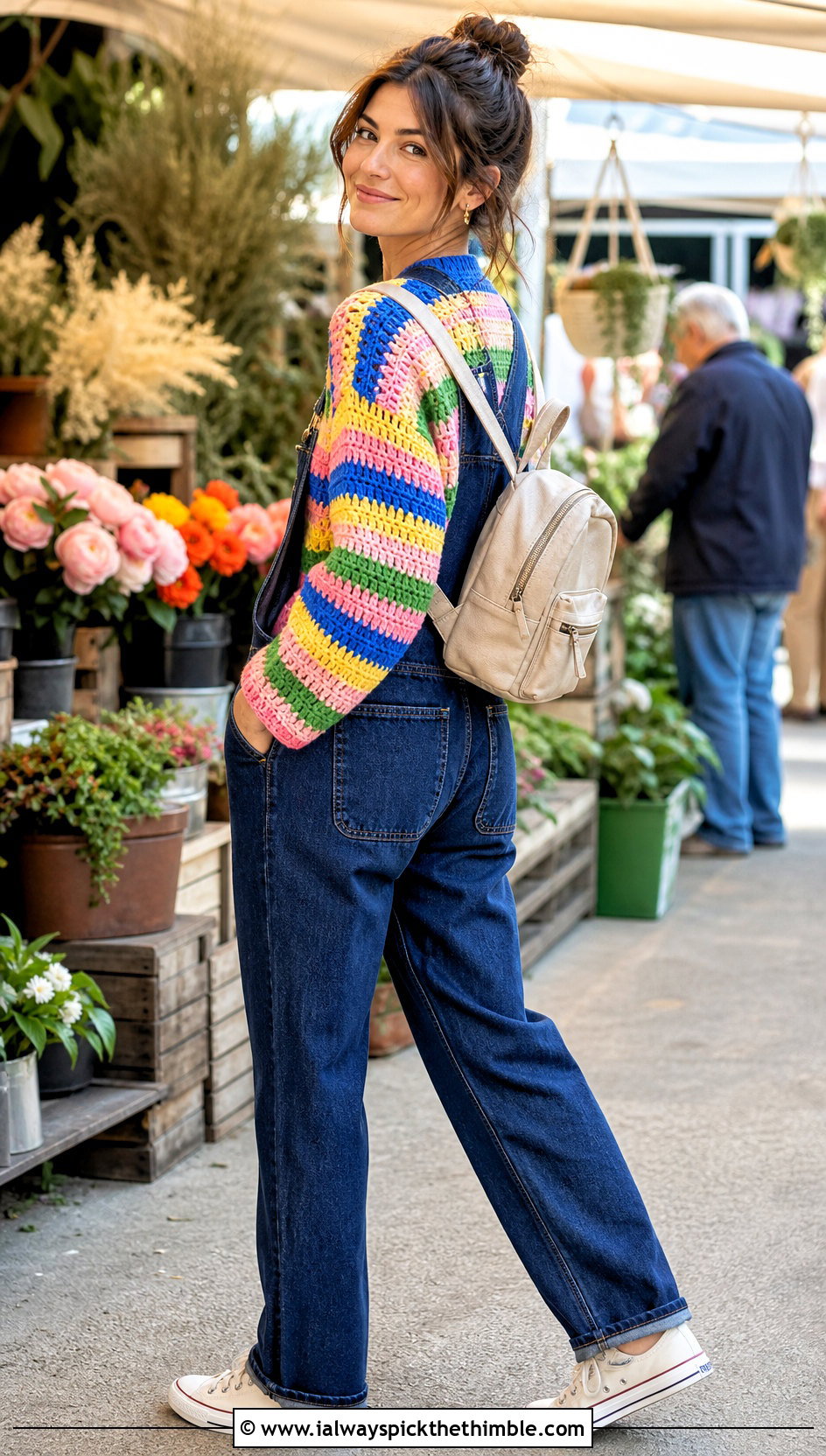 Striped Crochet Sleeve Top With Denim Overalls - 25 crochet top with sleeves outfit ideas