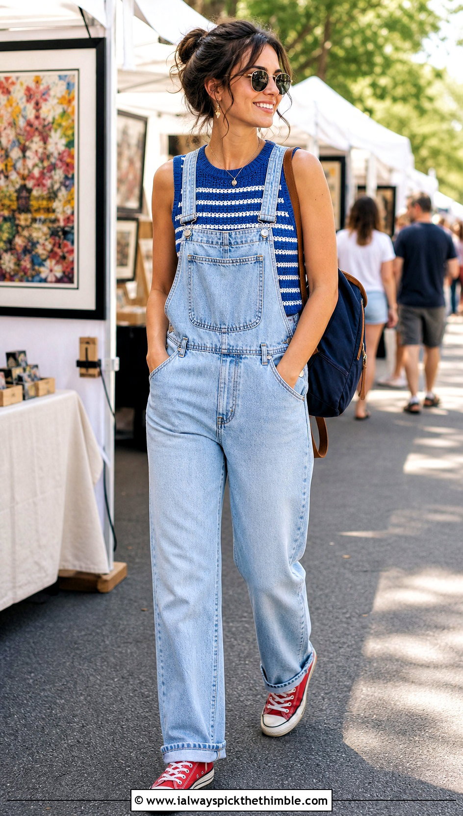 Striped Crochet Sleeveless Top With Denim Overalls - 20 Women's Crochet Tops outfit ideas