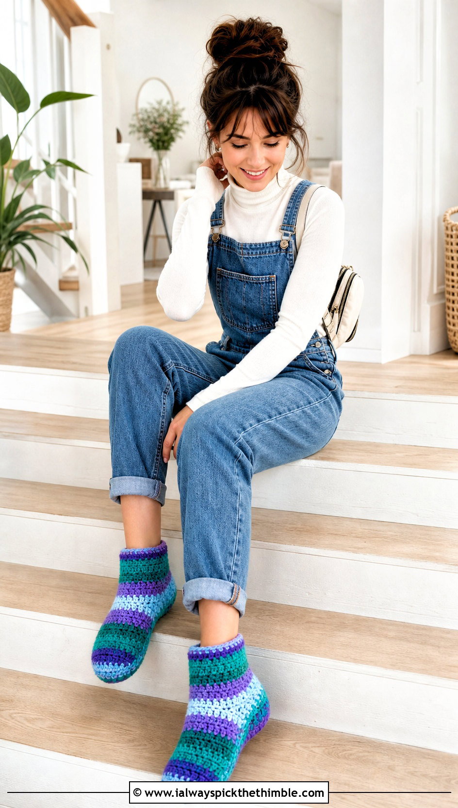 Striped Crochet Slipper Boots With Denim Overalls - 25 crochet slipper boots outfit ideas