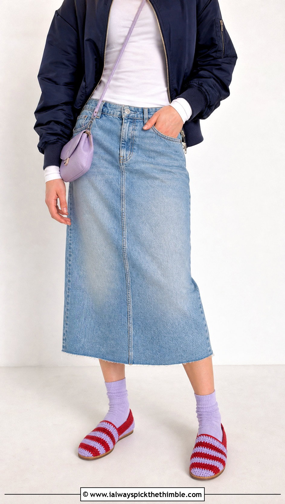 Striped Crochet Slippers With Denim Midi Skirt - 20 Women's Crochet Slippers For Women outfit ideas