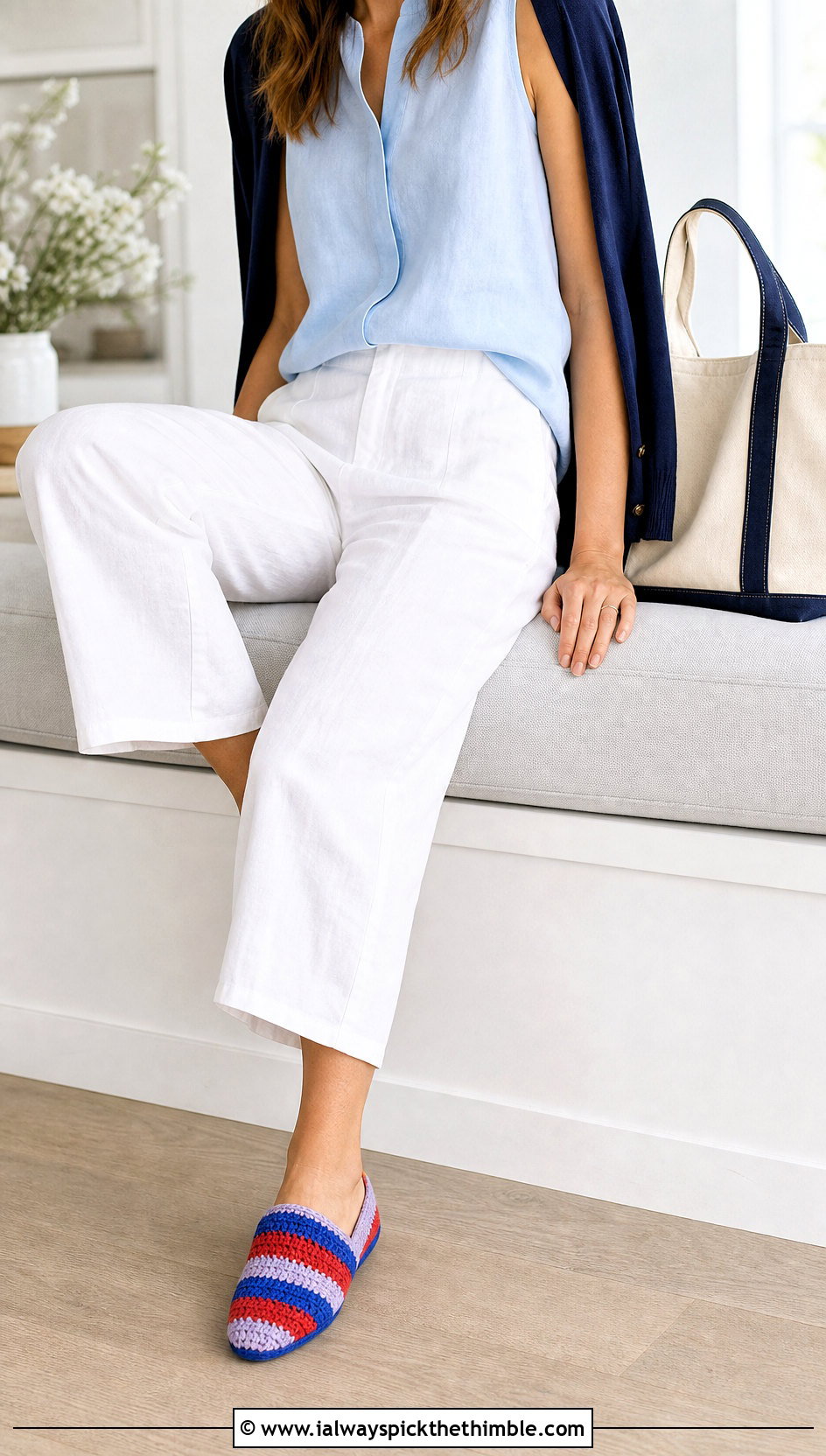 Striped Crochet Slippers With Linen Pants - 25 easy crochet slippers outfit ideas