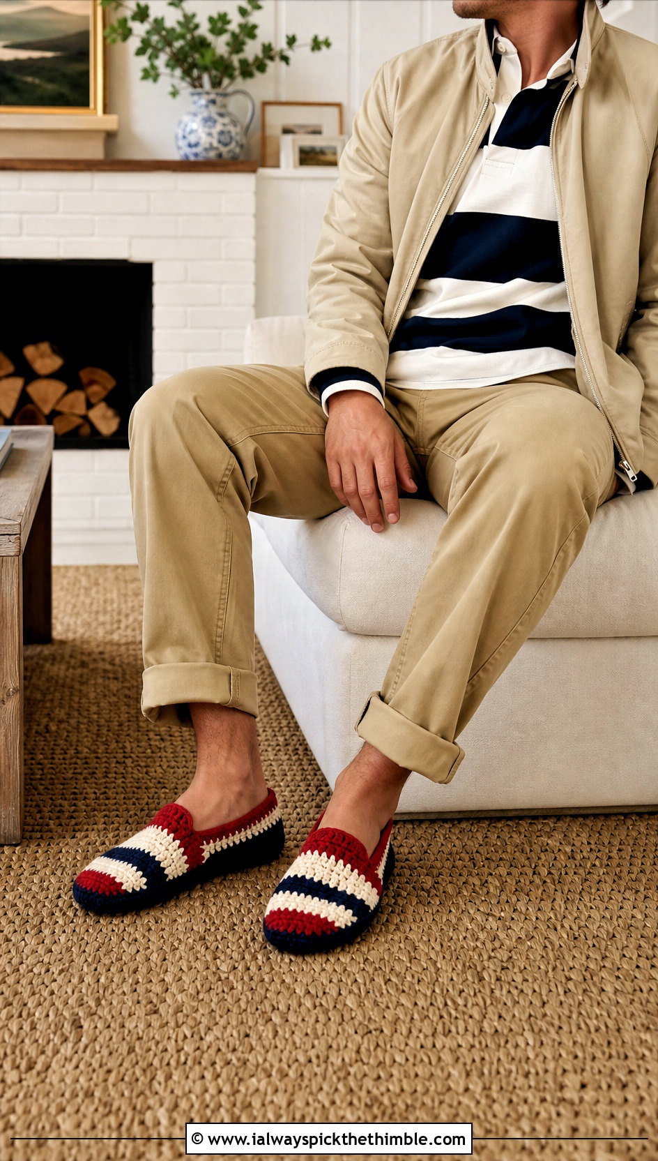 Striped Crochet Slippers With Rugby Shirt And Khaki Pants - 20 easy mens crochet slippers outfit ideas