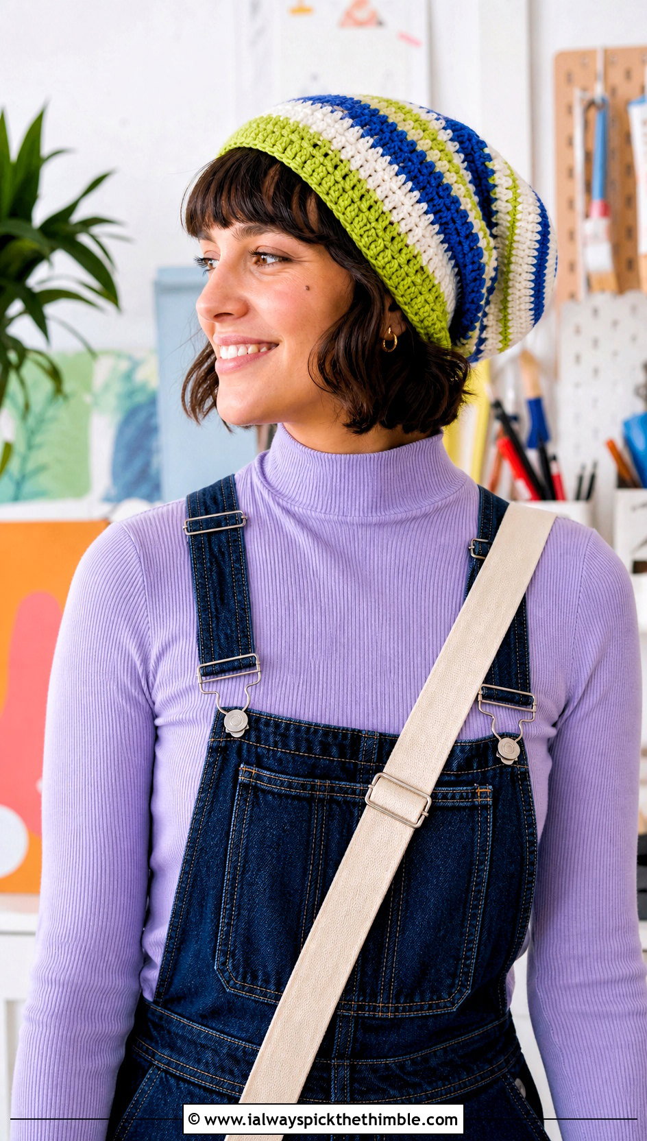 Striped Crochet Slouch Beanie With Overalls - 25 crochet slouch beanie outfit ideas