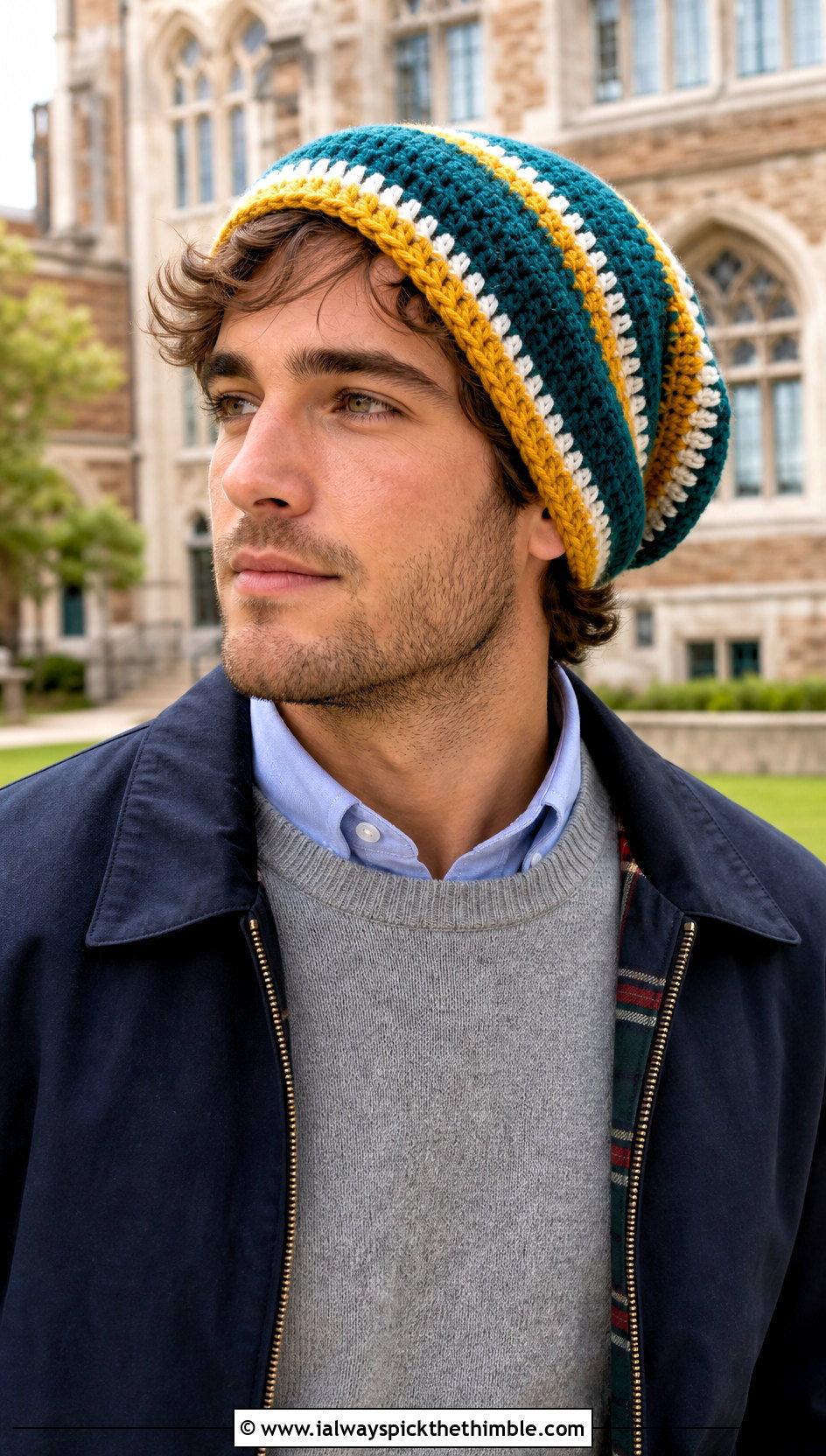 Striped Crochet Slouchy Beanie With Preppy Layers - 25 Crochet Slouchy Hat Mens Slouch Beanie outfit ideas