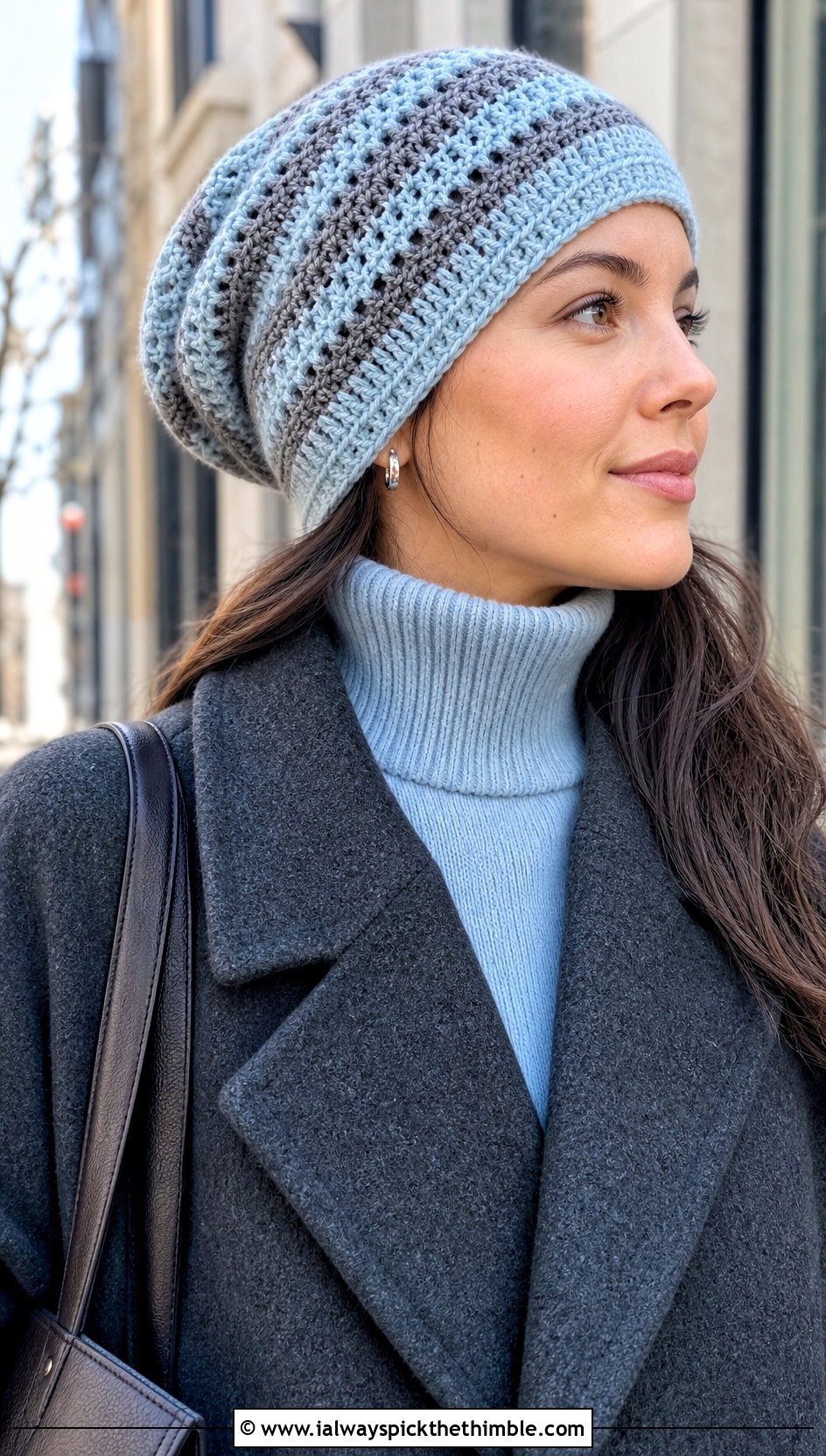Striped Crochet Slouchy Beanie With Wool Coat And Straight Jeans - 20 striped crochet hat outfit ideas