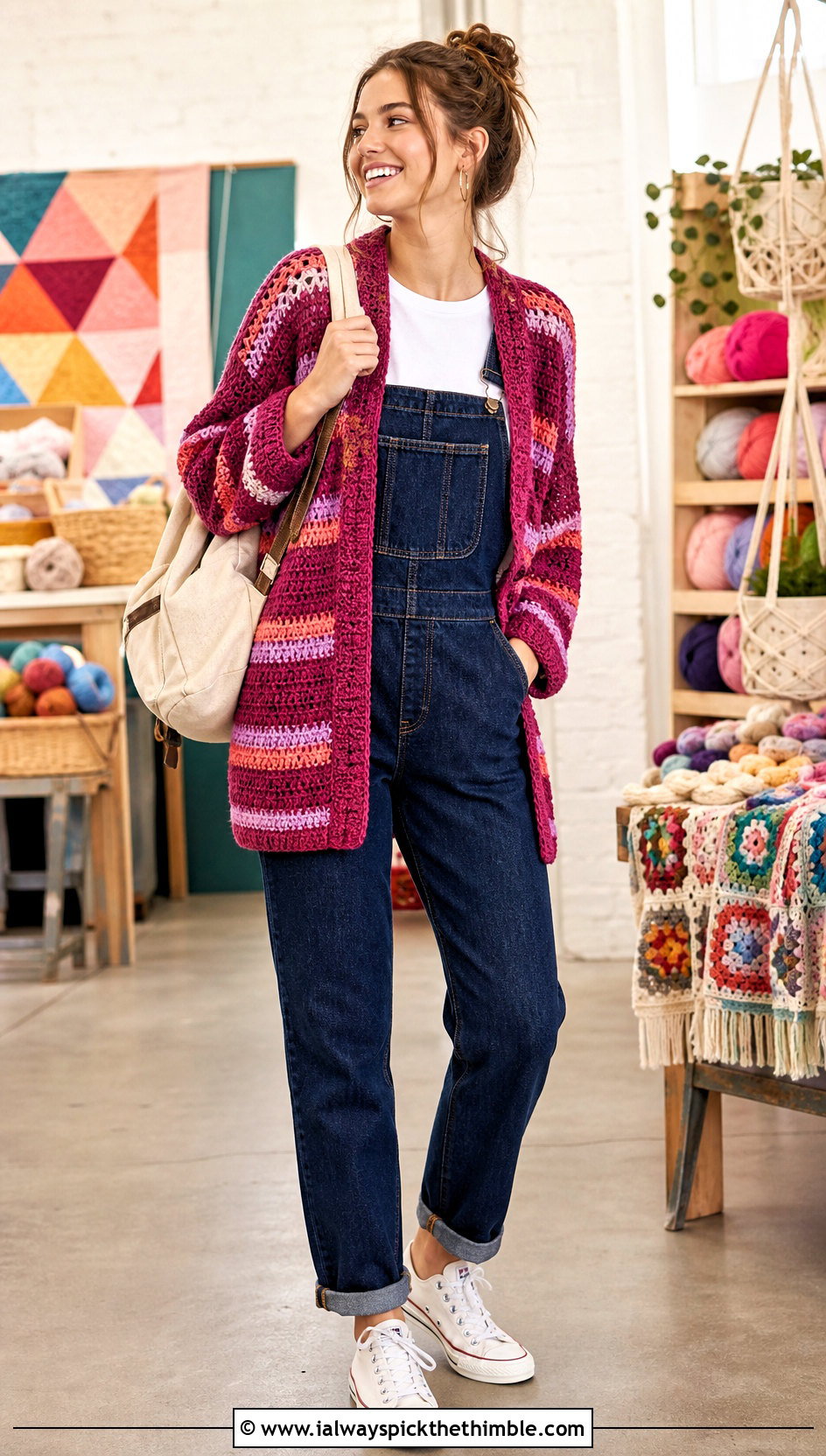 Striped Crochet Slouchy Cardigan With Denim Overalls - 20 Crochet Slouchy Cardigan outfit ideas