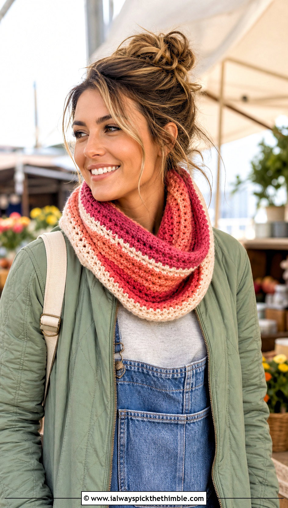 Striped Crochet Snood Cowl With Quilted Jacket - 20 crochet snood cowl outfit ideas