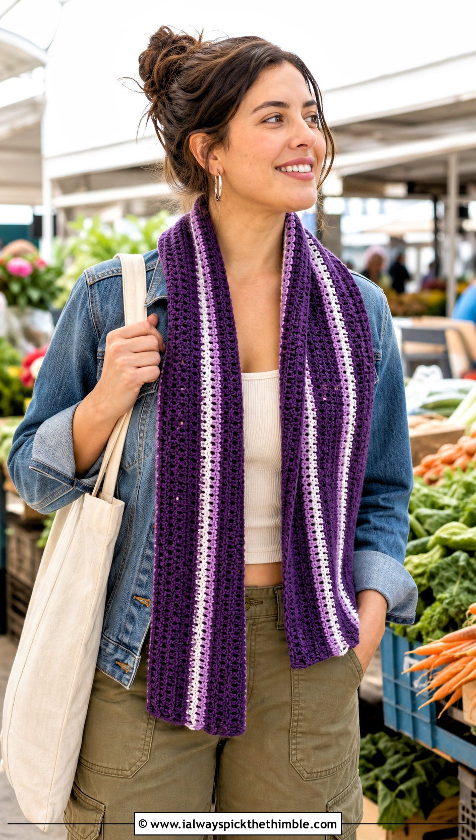 Striped Crochet Sophie Scarf With Denim Jacket And Utility Pants - 25 crochet sophie scarf outfit ideas