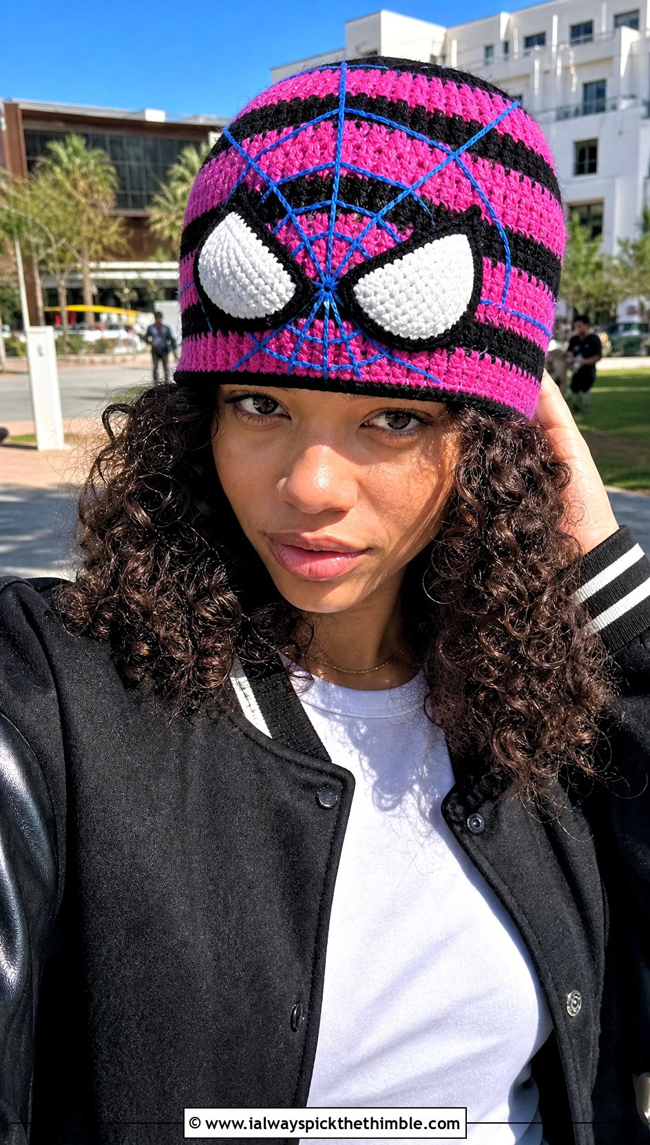 Striped Crochet Spider Man Beanie With Varsity Jacket - 25 crochet spider man beanie outfit ideas