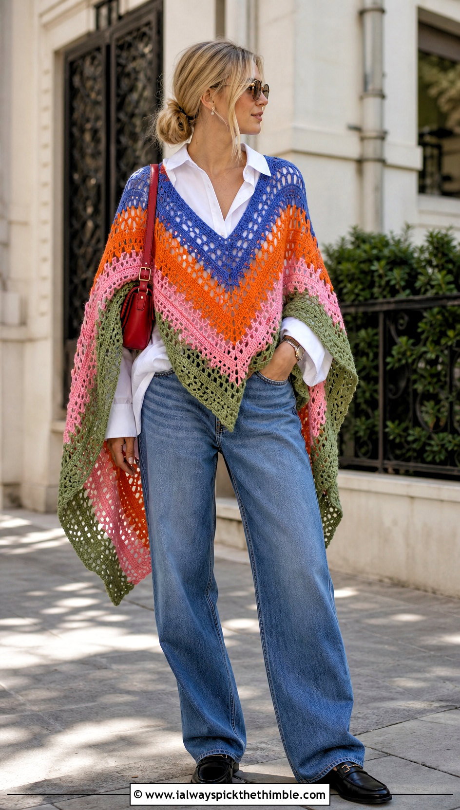 Striped Crochet Spiderweb Shawl With White Shirt And Jeans - 20 Crochet Spiderweb Shawl outfit ideas