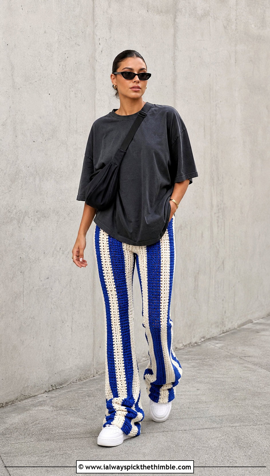 Striped Crochet Stacked Pants With Oversized T Shirt - 20 Crochet Stacked Pants outfit ideas