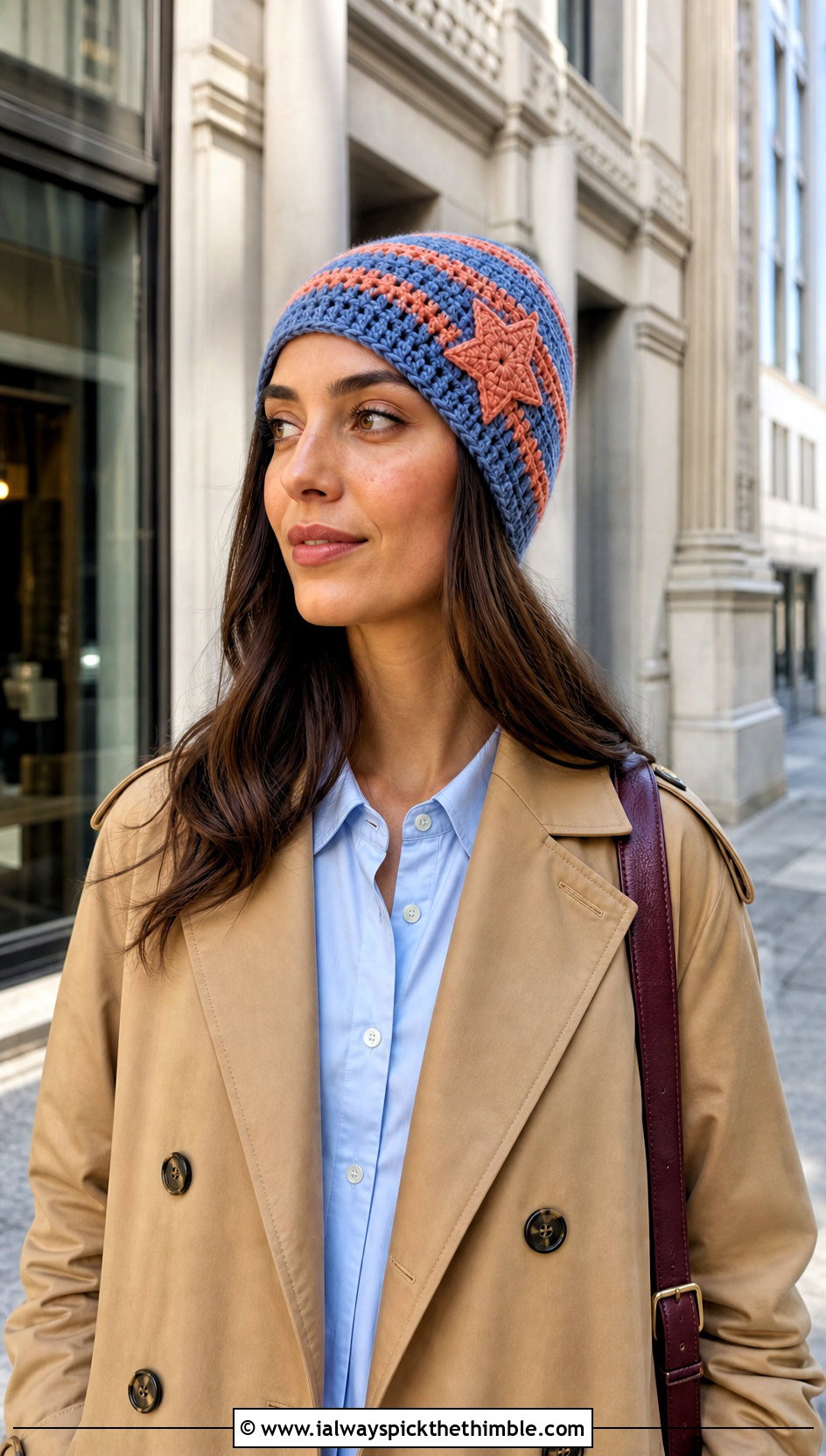 Striped Crochet Star Beanie With Trench Coat - 25 crochet star beanie outfit ideas