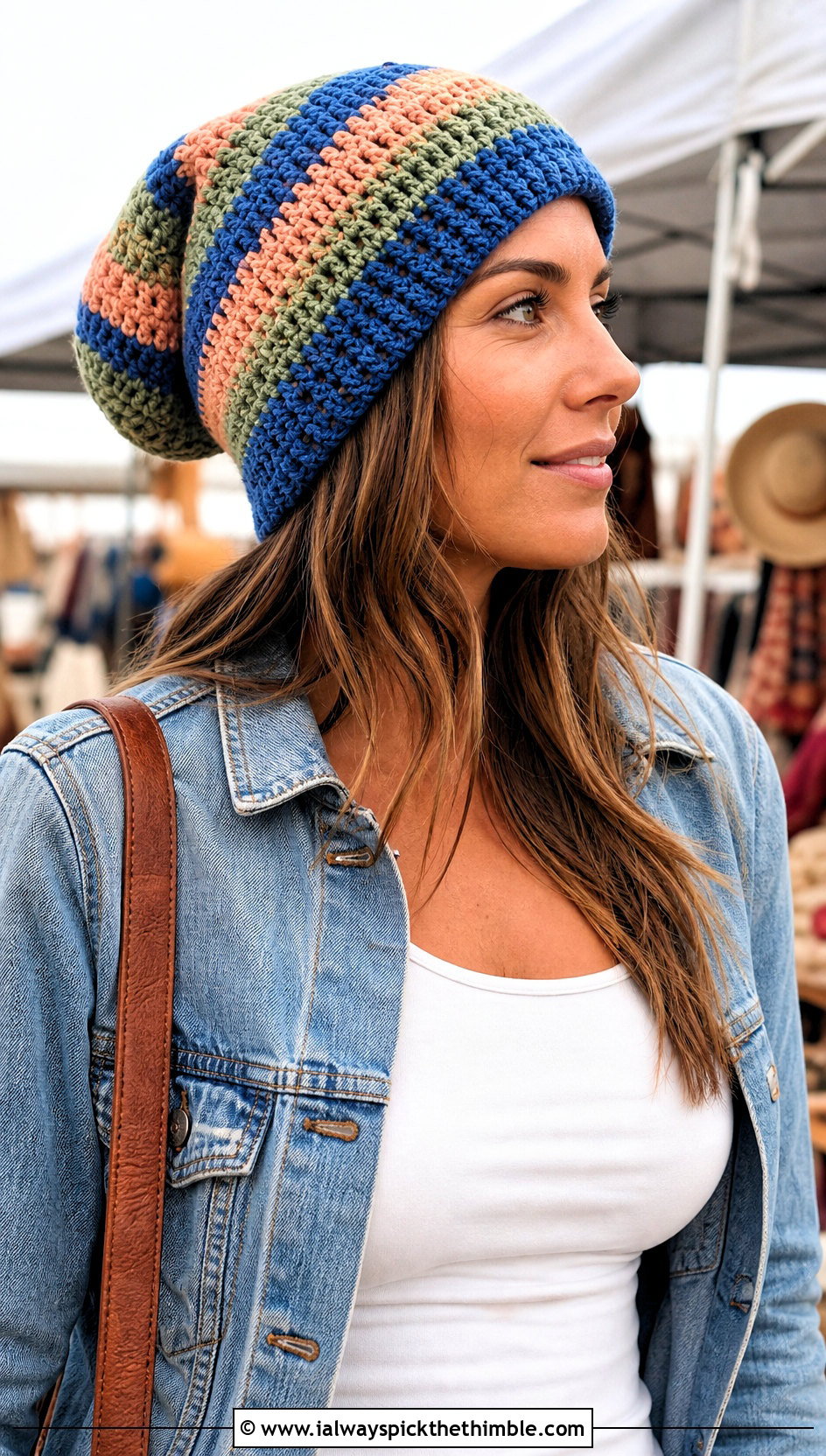 Striped Crochet Stocking Hat With Denim Jacket And Wide Leg Jeans - 20 easy crochet stocking hat outfit ideas