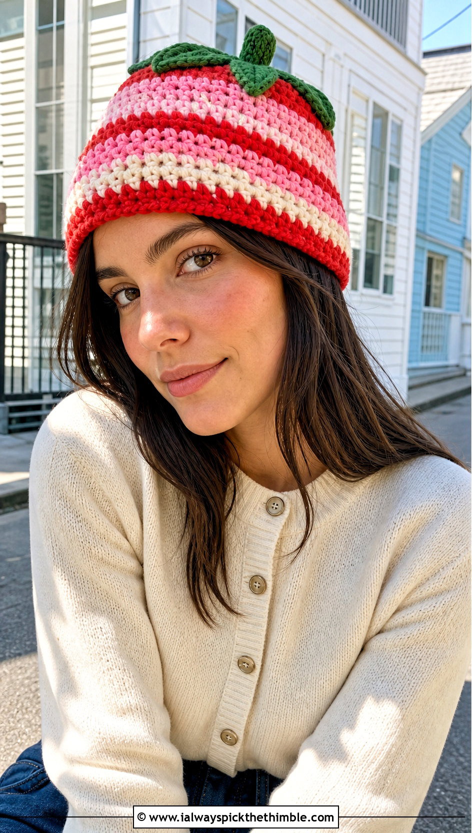 Striped Crochet Strawberry Beanie With Denim Midi Skirt - 20 Crochet Strawberry Beanie outfit ideas