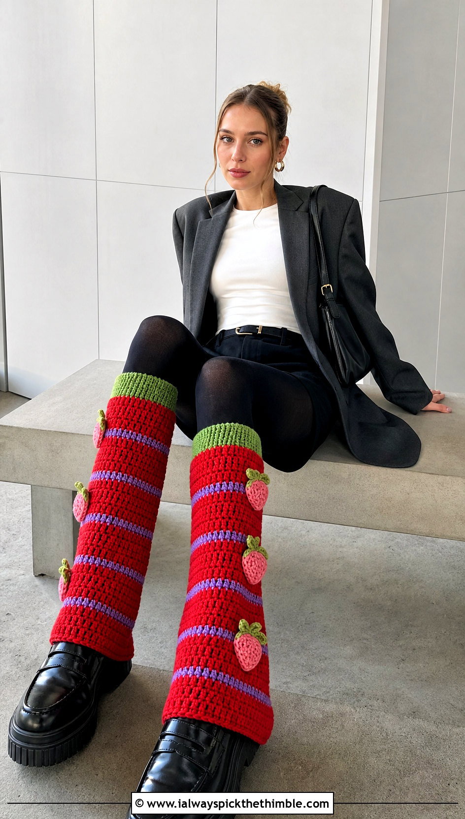 Striped Crochet Strawberry Leg Warmers With Oversized Blazer - 15 Crochet Strawberry Leg Warmers outfit ideas