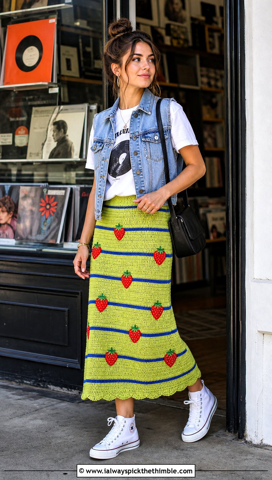 Striped Crochet Strawberry Skirt With Graphic T Shirt - 20 crochet strawberry skirt outfit ideas