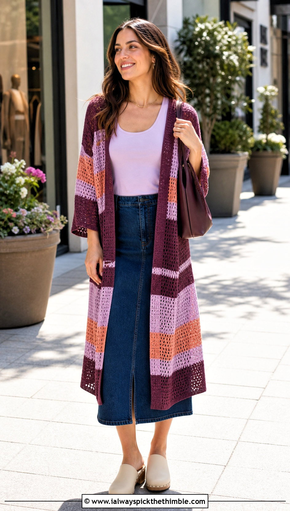 Striped Crochet Summer Kimono With Denim Midi Skirt - 20 crochet summer kimono outfit ideas