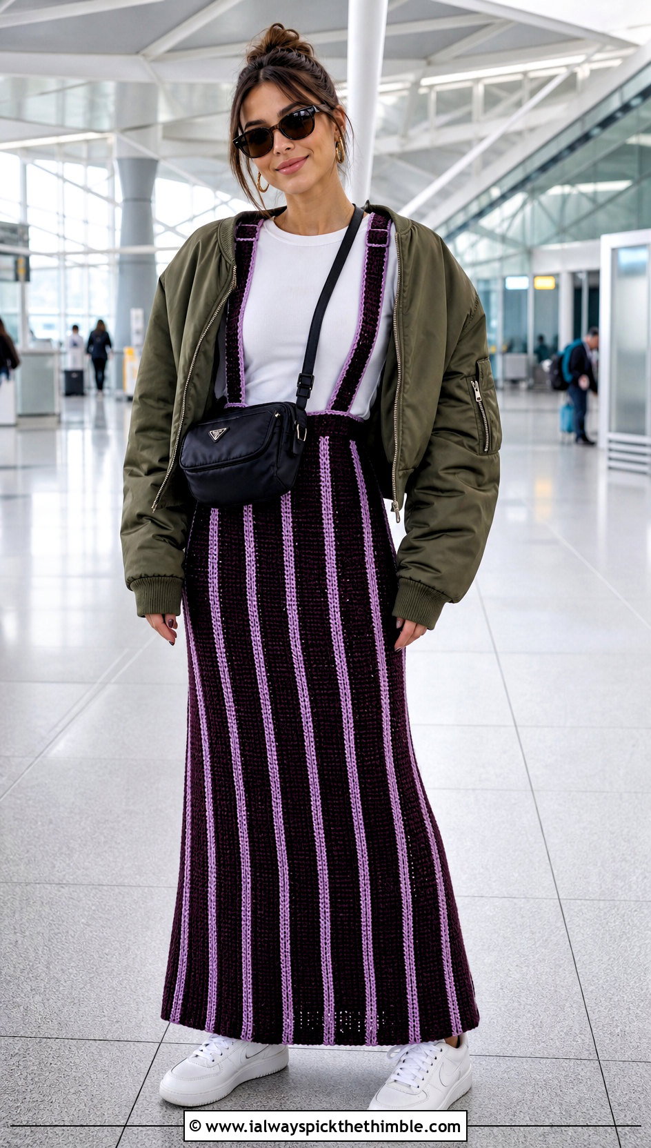 Striped Crochet Suspender Maxi Skirt With Bomber Jacket - 20 crochet skirt with suspenders outfit ideas
