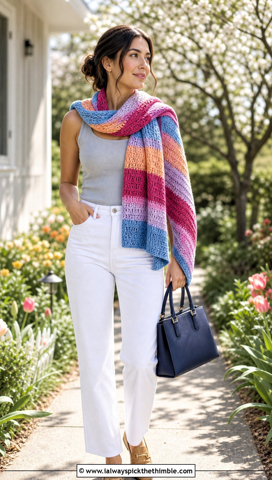 Striped Crochet Sweater Scarf With White Jeans - 25 crochet sweater scarf outfit ideas