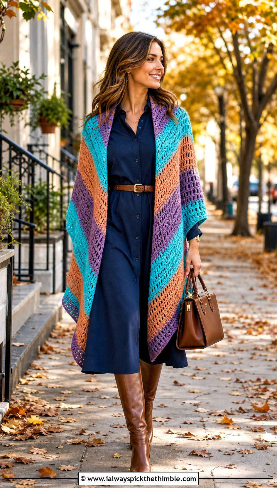 Striped Crochet Sweater Shawl With A Shirt Dress - 20 crochet sweater shawl outfit ideas