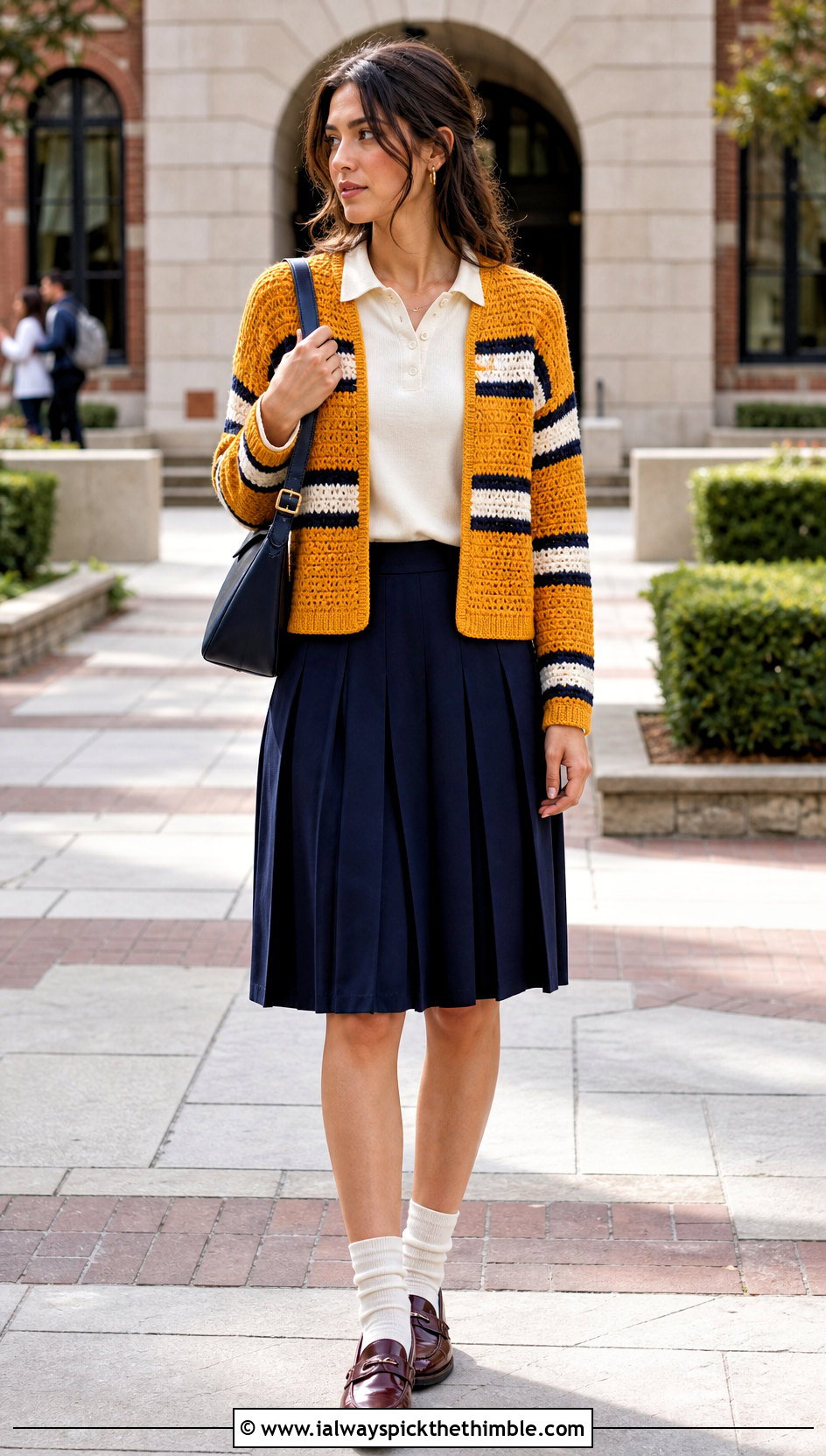 Striped Crochet Sweater Shrug With Pleated Skirt - 20 crochet sweater shrug outfit ideas