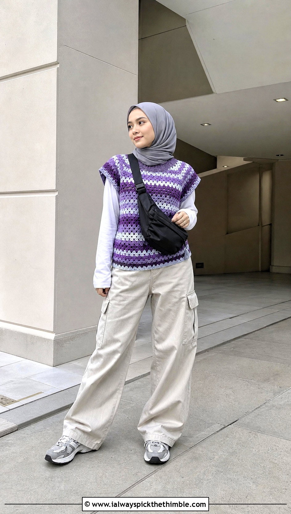 Striped Crochet Sweater Top With Cargo Pants - 20 crochet top hijabi outfit ideas
