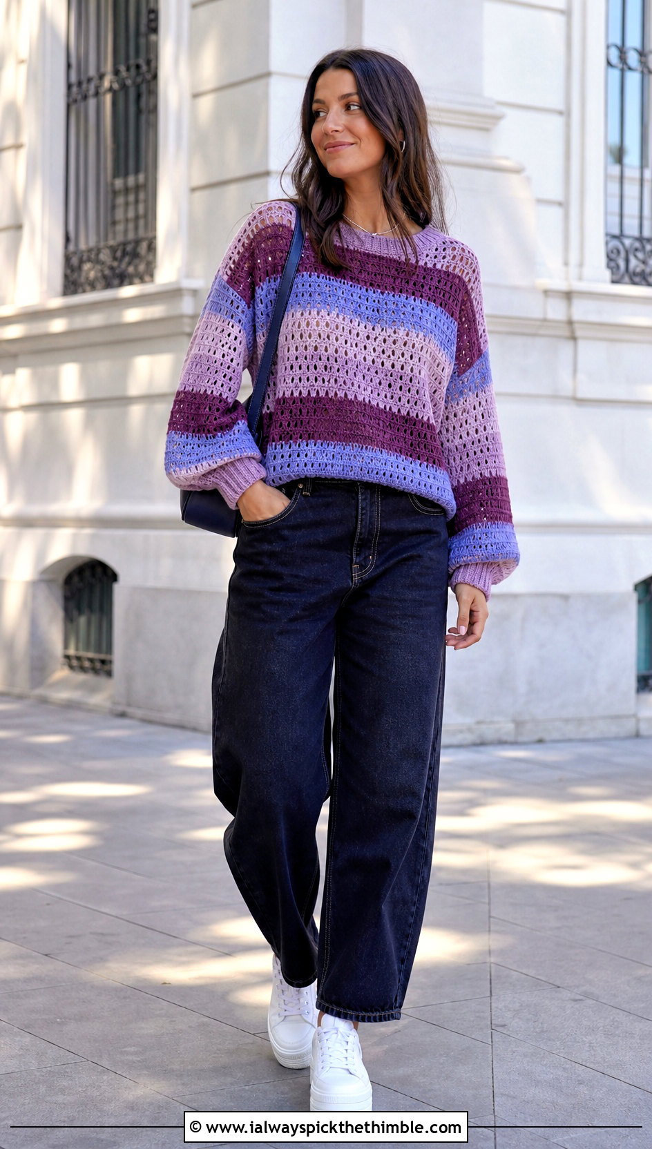 Striped Crochet Sweater With Barrel Jeans - 20 spring crochet sweater outfit ideas